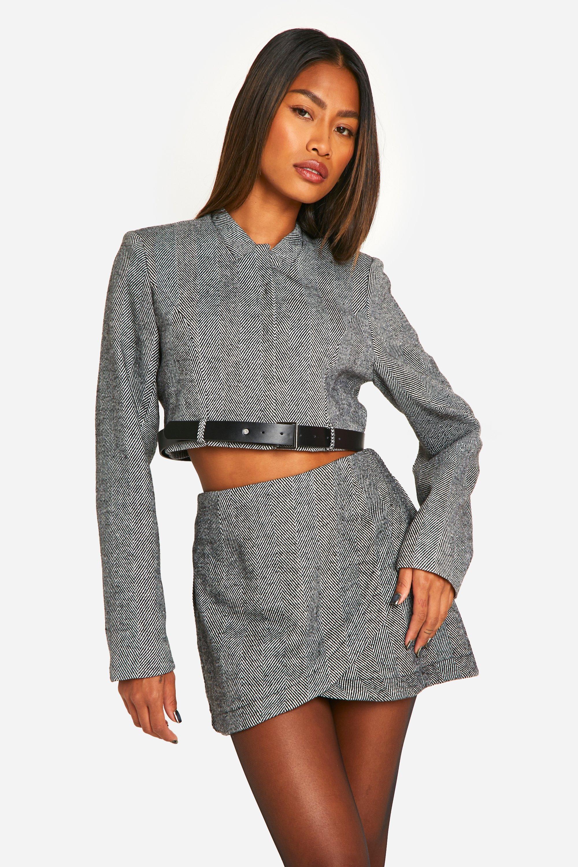 Boohoo Herringbone Mini Wikkelrokje, Black