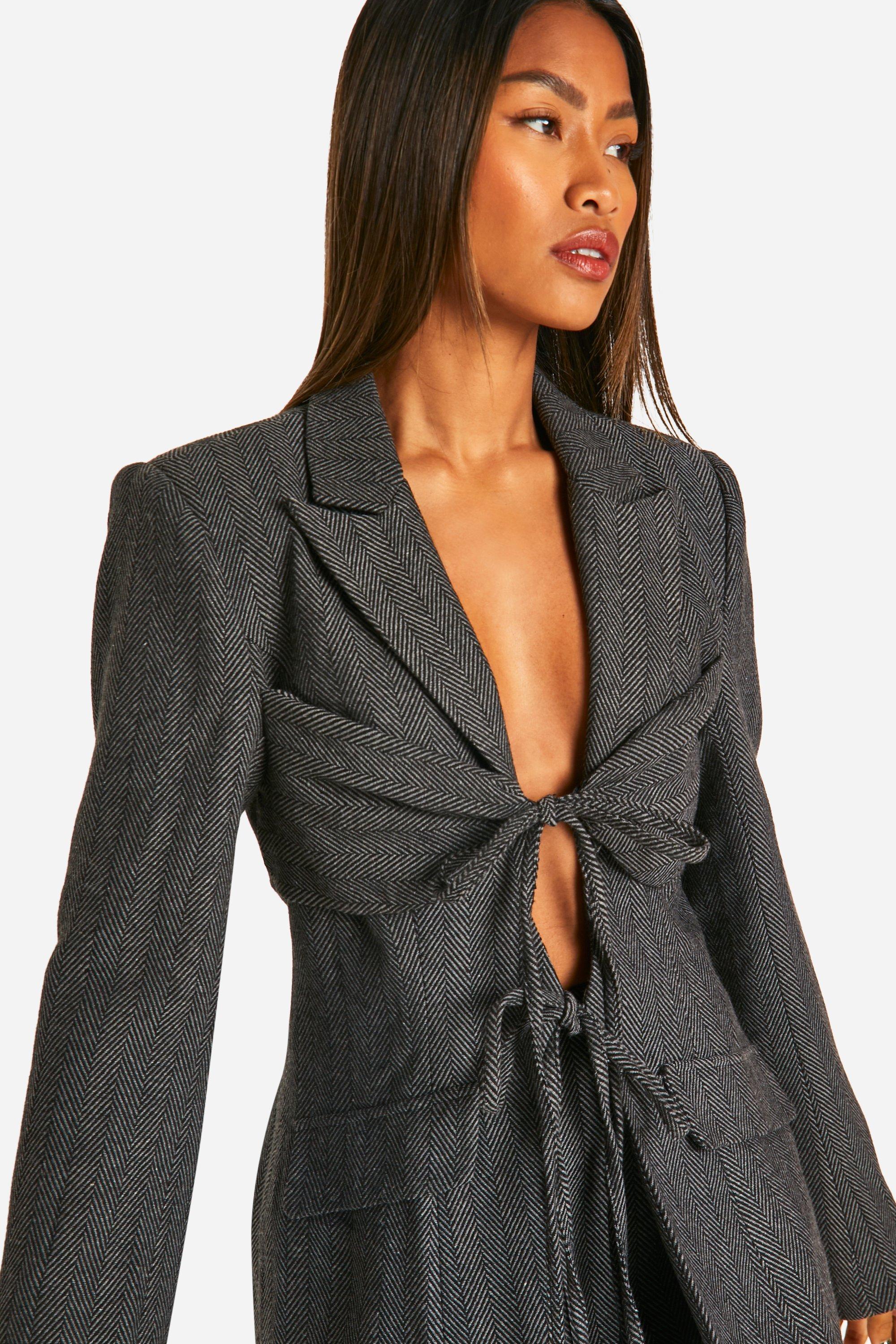 Boohoo Getailleerde Herringbone Blazer Met Strik, Charcoal