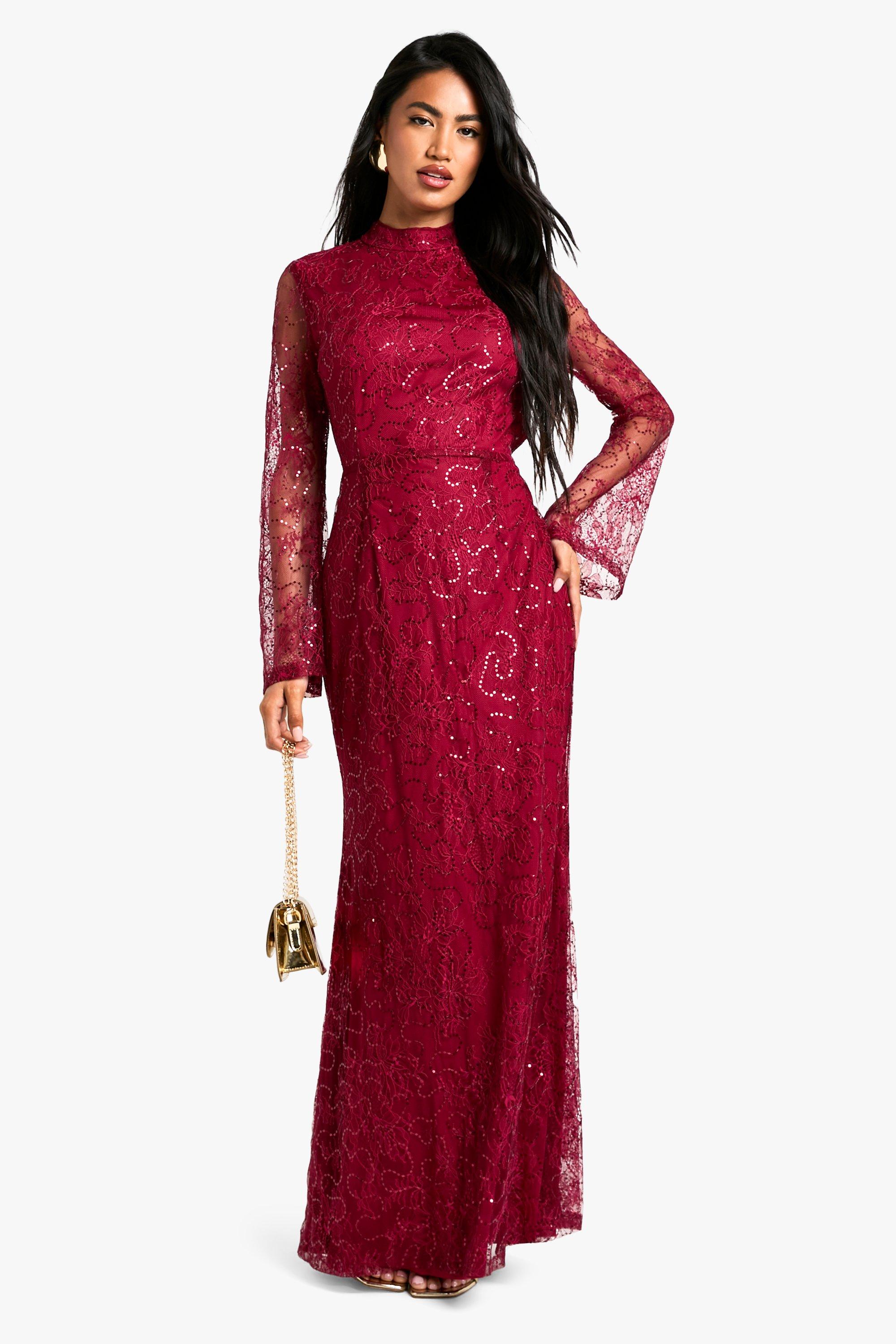 Womens Lace Sequin Open Back Maxi Dress - Red - 8, Red