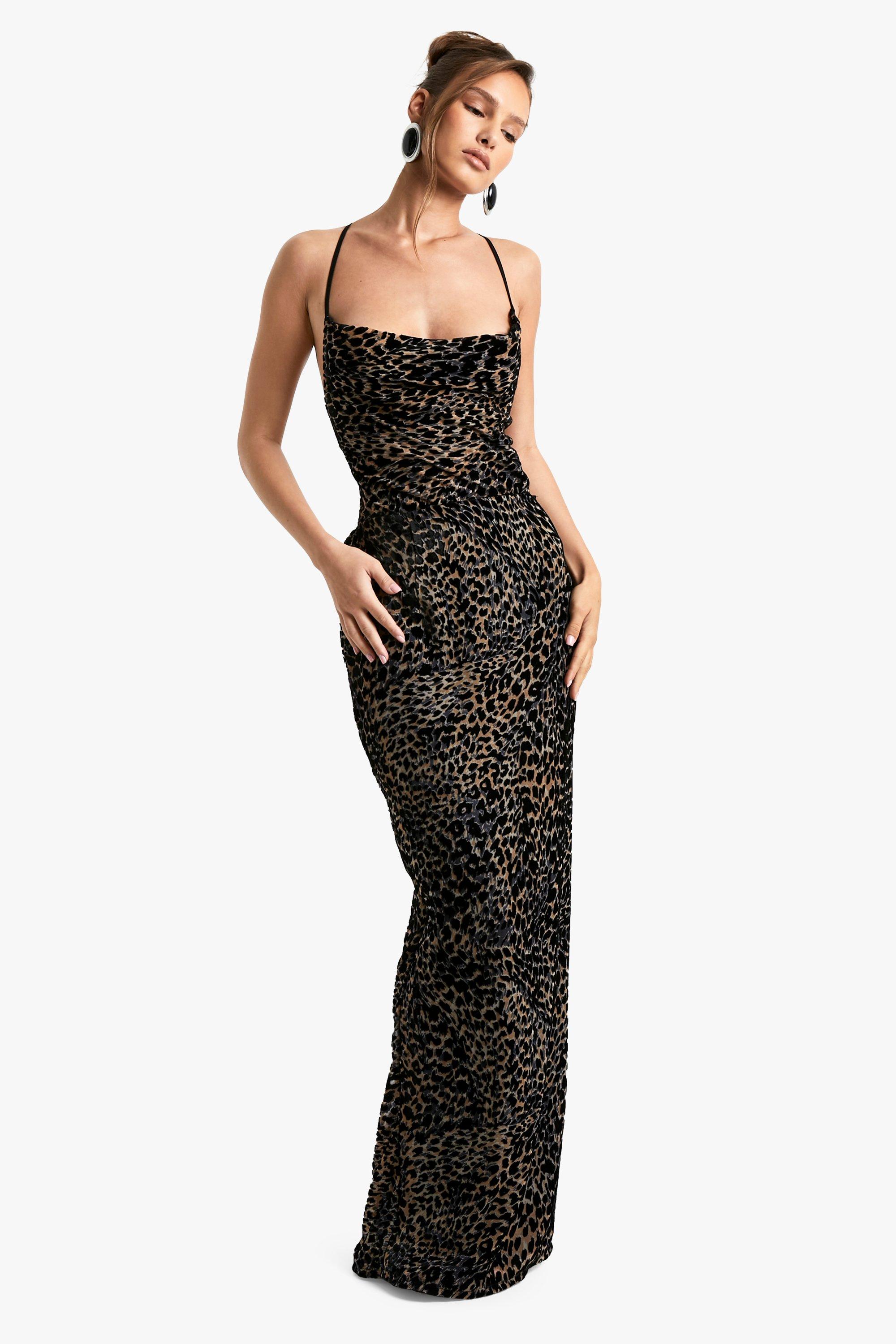 Image of Vestito maxi in devoré leopardato con scollo a cappuccio e laccetti sul retro, Brown