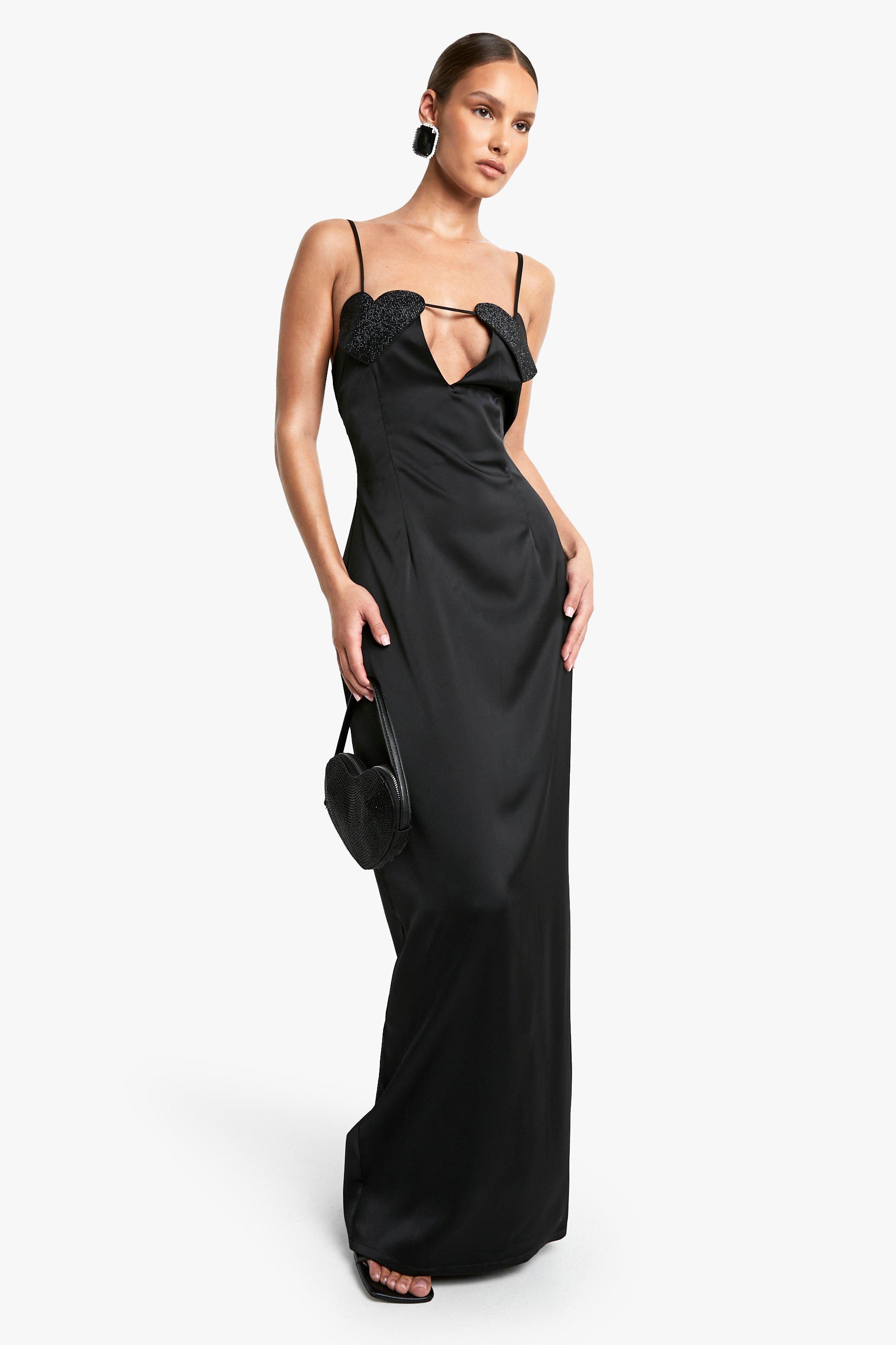 Boohoo Satijnen Hartjes Maxi Jurk Met Steentjes, Black