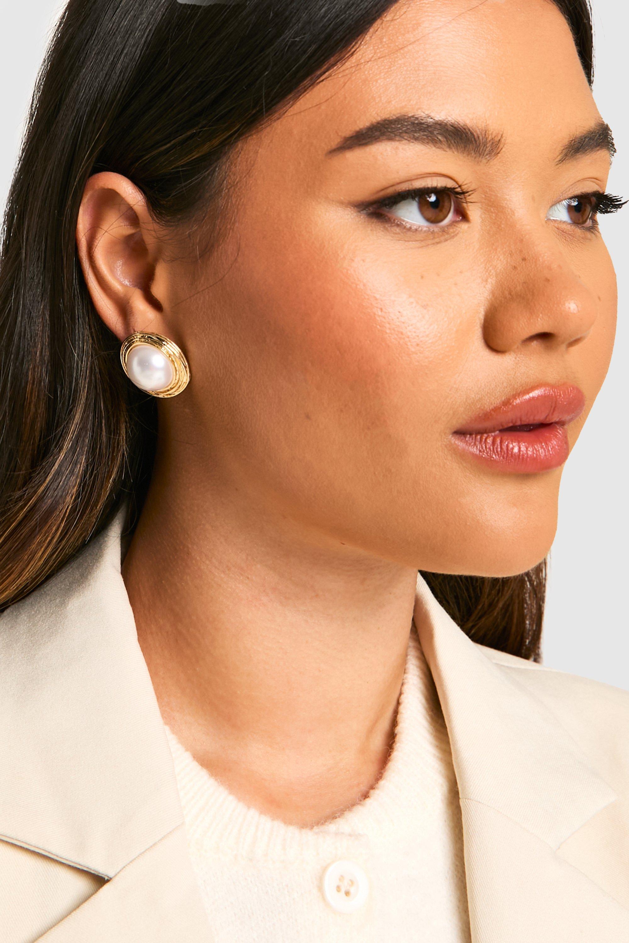 Womens Oversized Pearl Stud Earrings - Gold - One Size, Gold