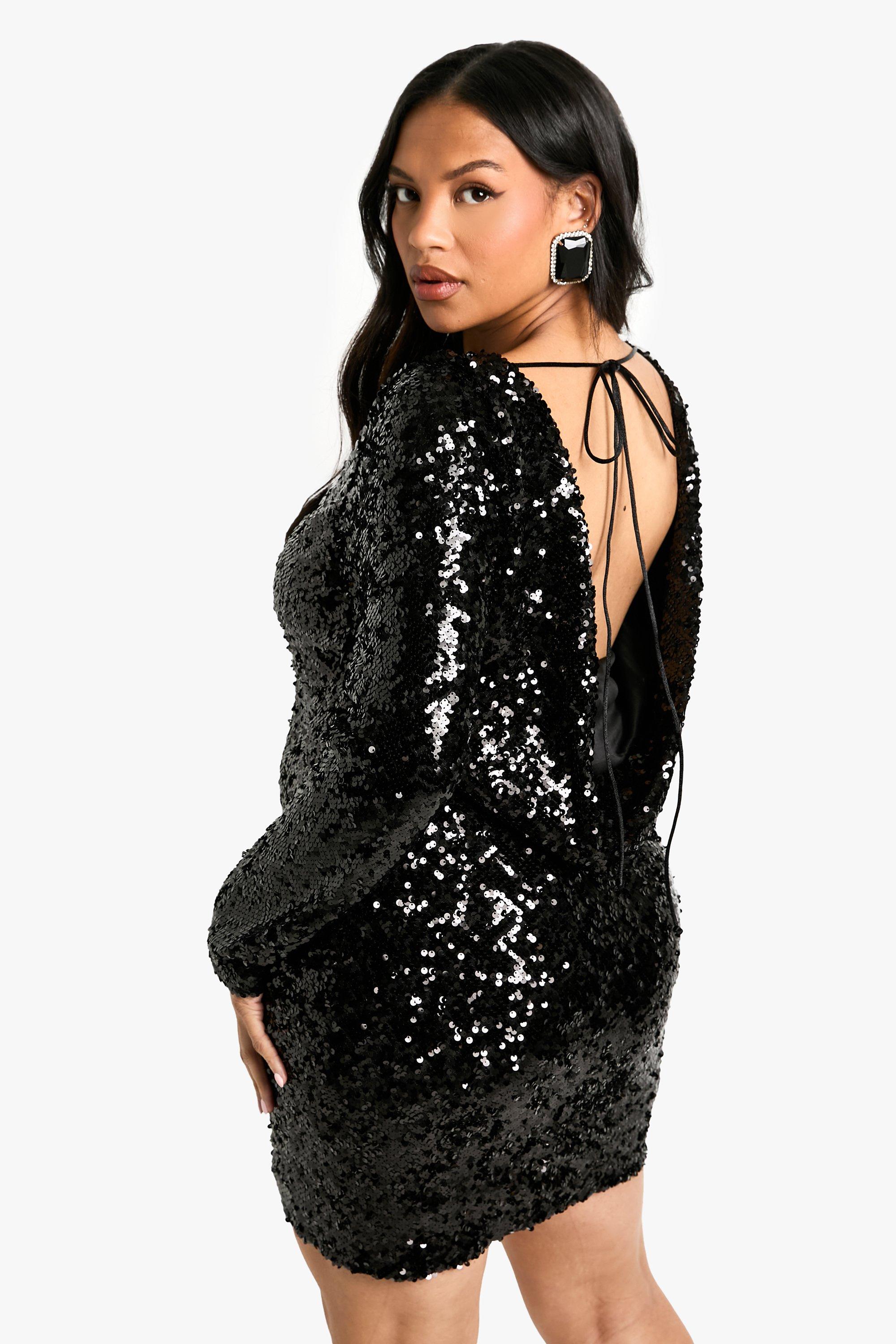 Image of Miniabito Plus Size a maniche lunghe con paillettes, scollo a cappuccio sul retro, Nero