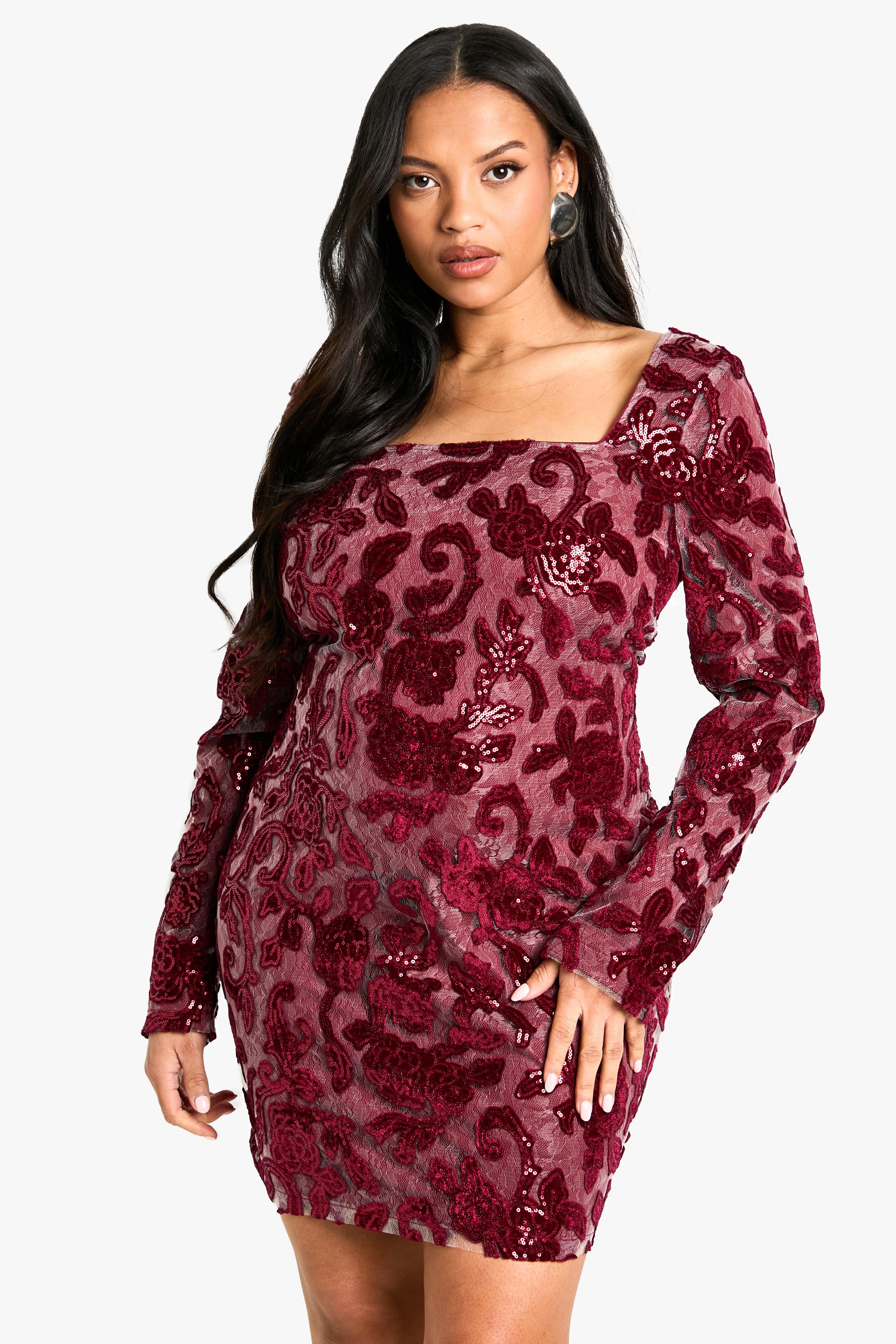 Image of Tubino Plus Size damascato con scollo quadrato, Rosso