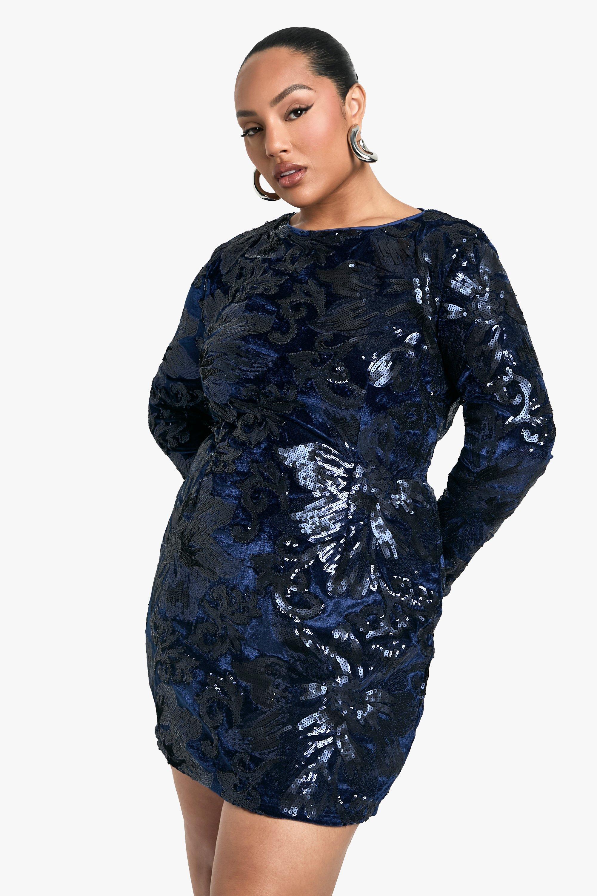 Boohoo Plus Fluwelen Demask Bodycon Jurk, Navy