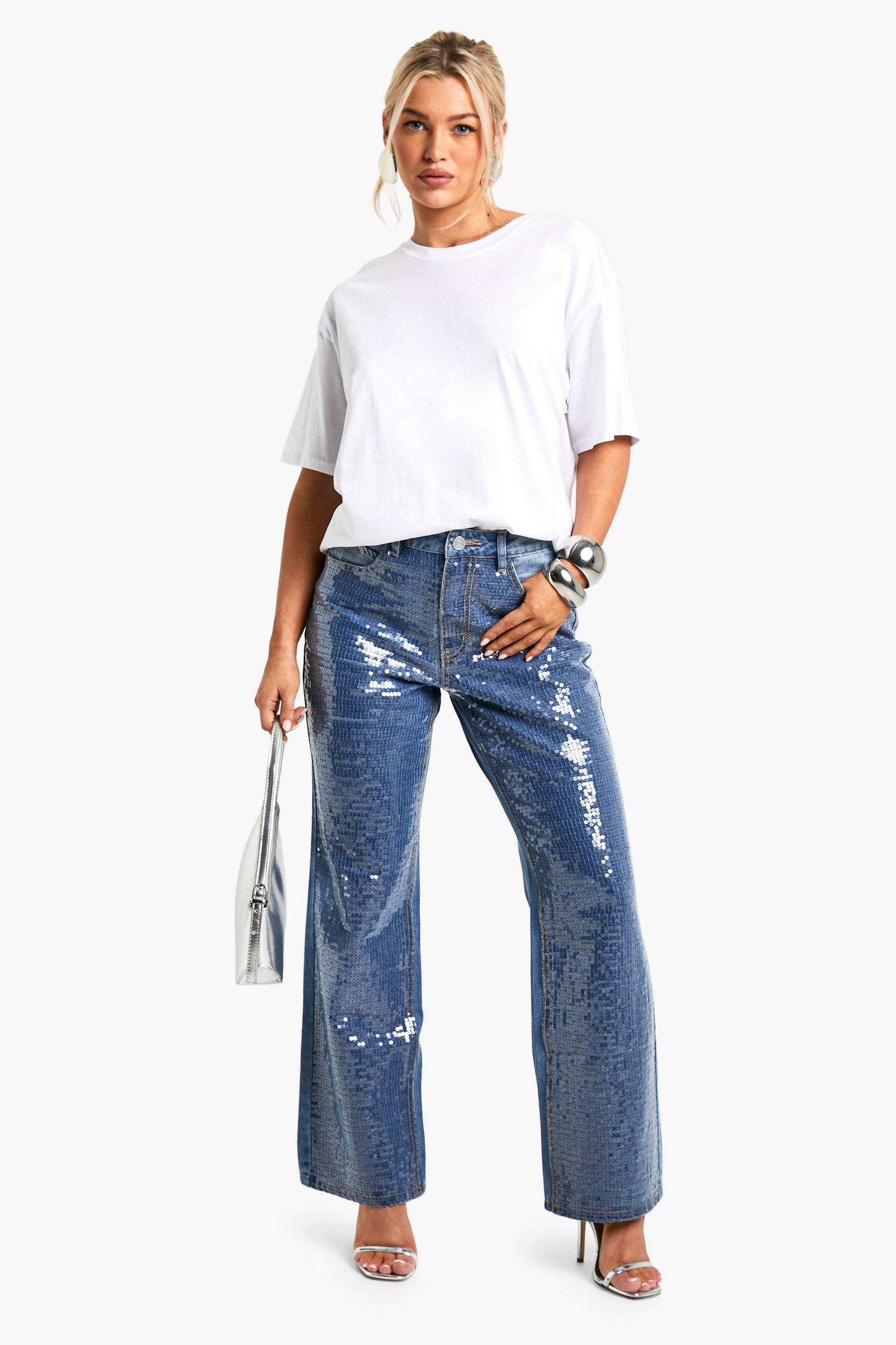 Boohoo Jeans Met Pailletten En Rechte Pijpen, Mid Wash