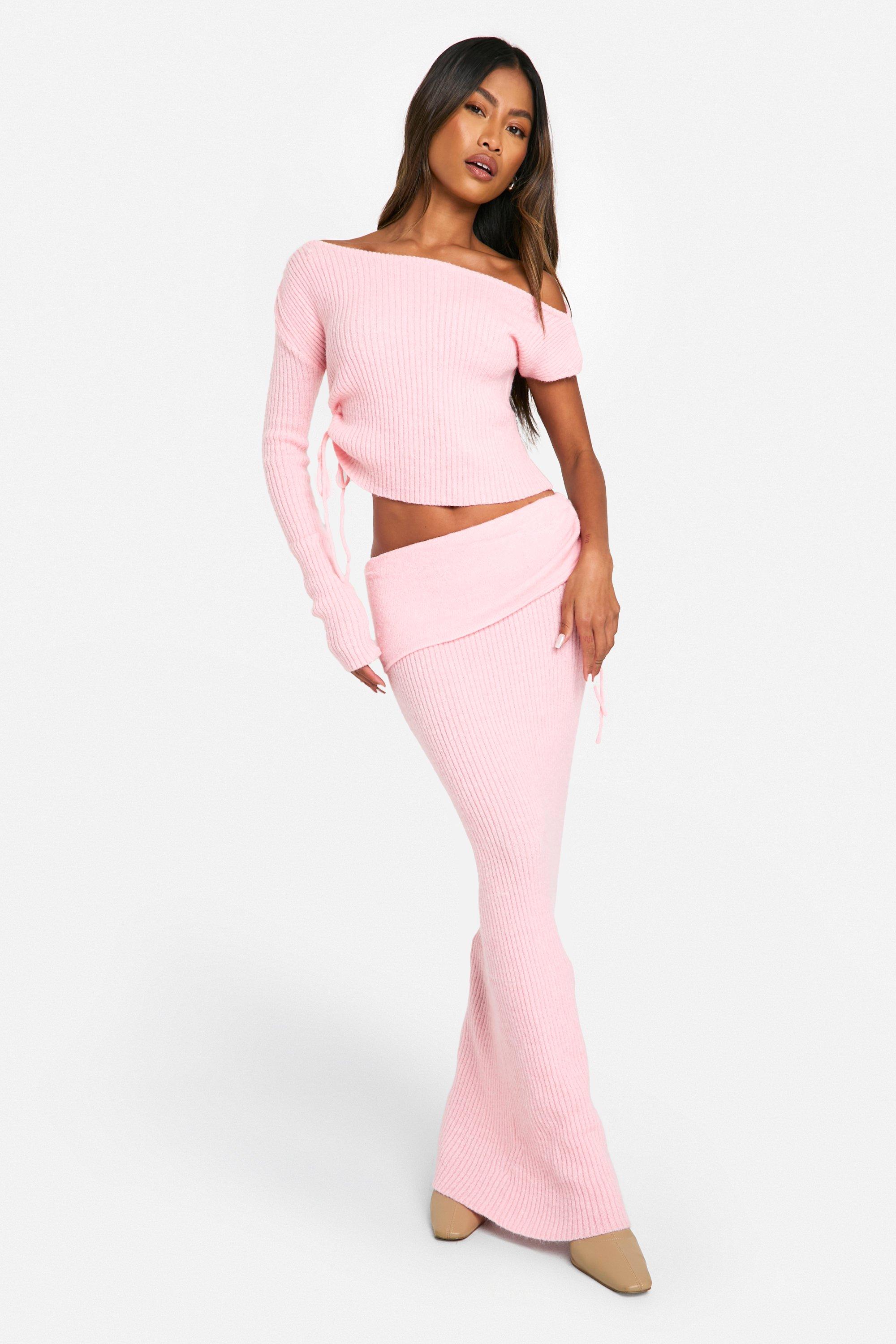 Boohoo Geribbelde Gebreide Crop Top En Maxi Rok Set, Light Pink