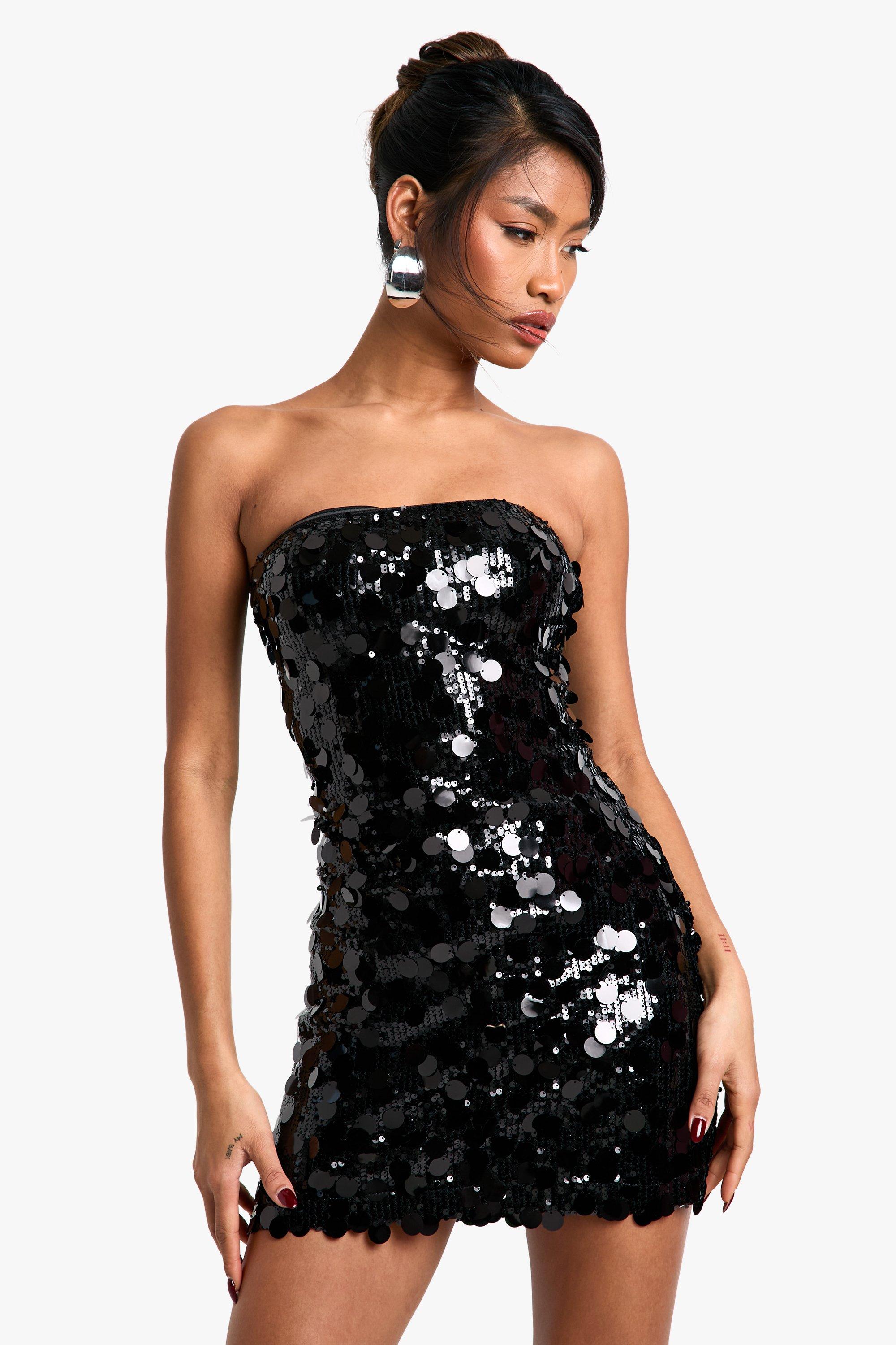 womens disc sequin bandeau skater dress - black - 10, black