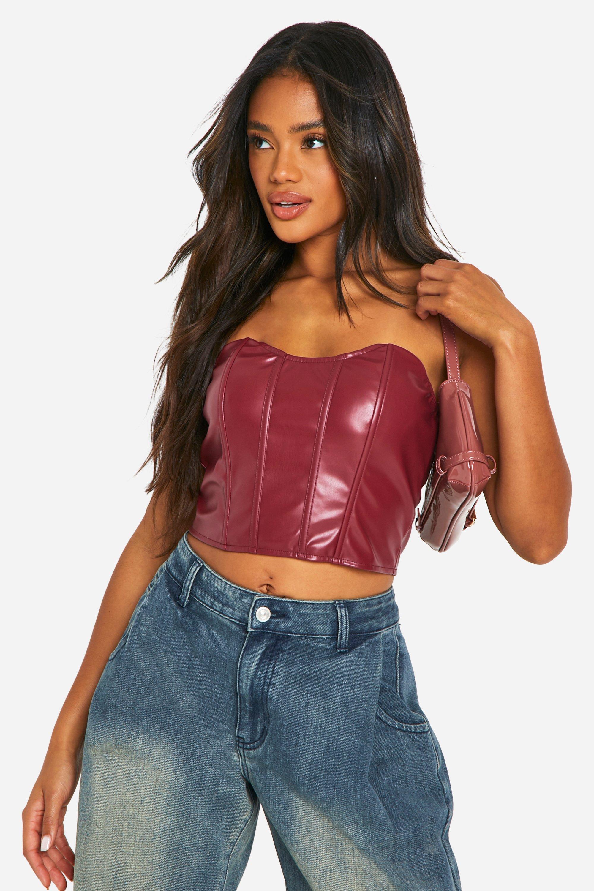 Womens Pu Bandeau Corset Top With Boning - Red - 8, Red