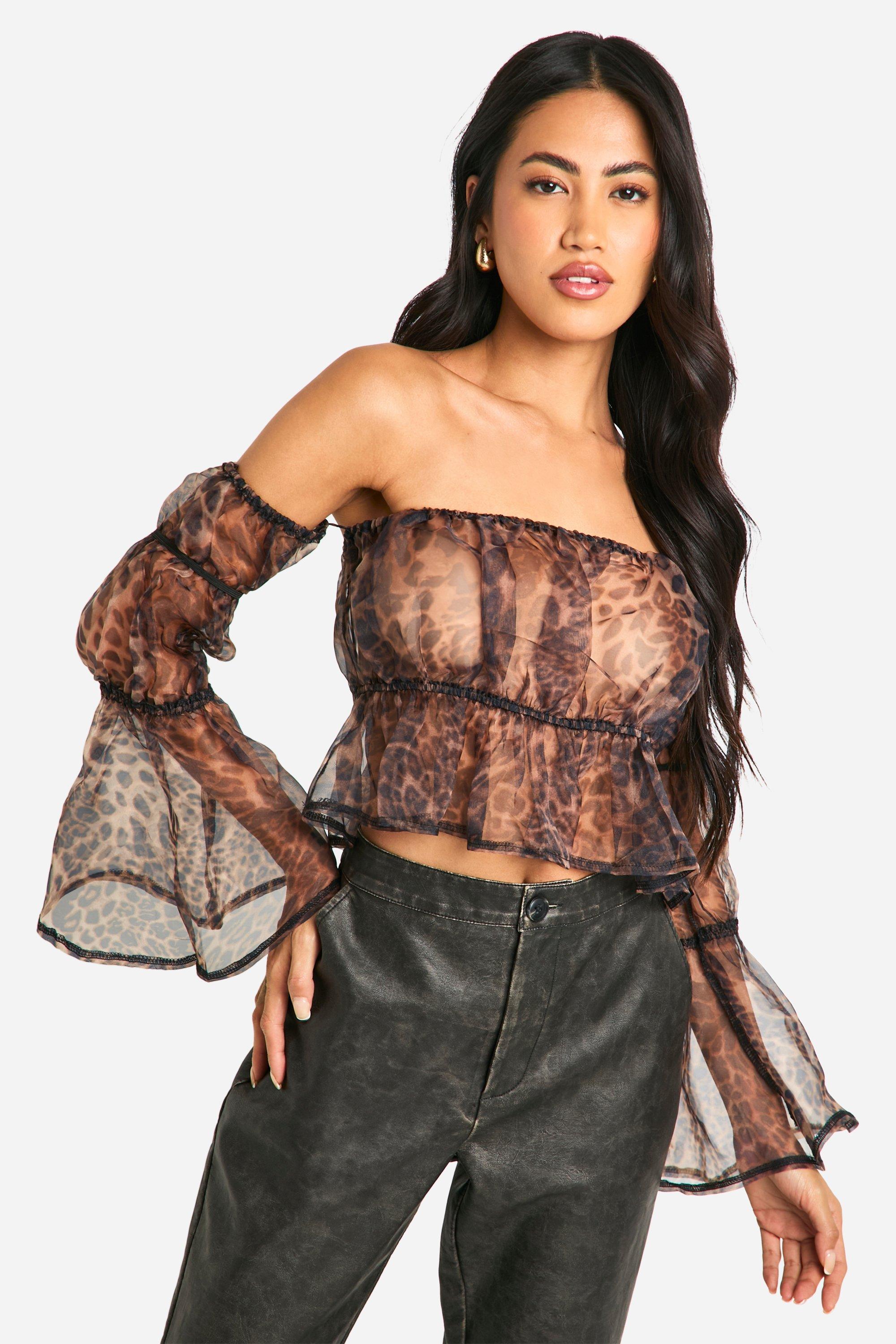 Boohoo Gesmokte Organza Luipaardprint Crop Top Met Uitgesneden Hals, Leopard