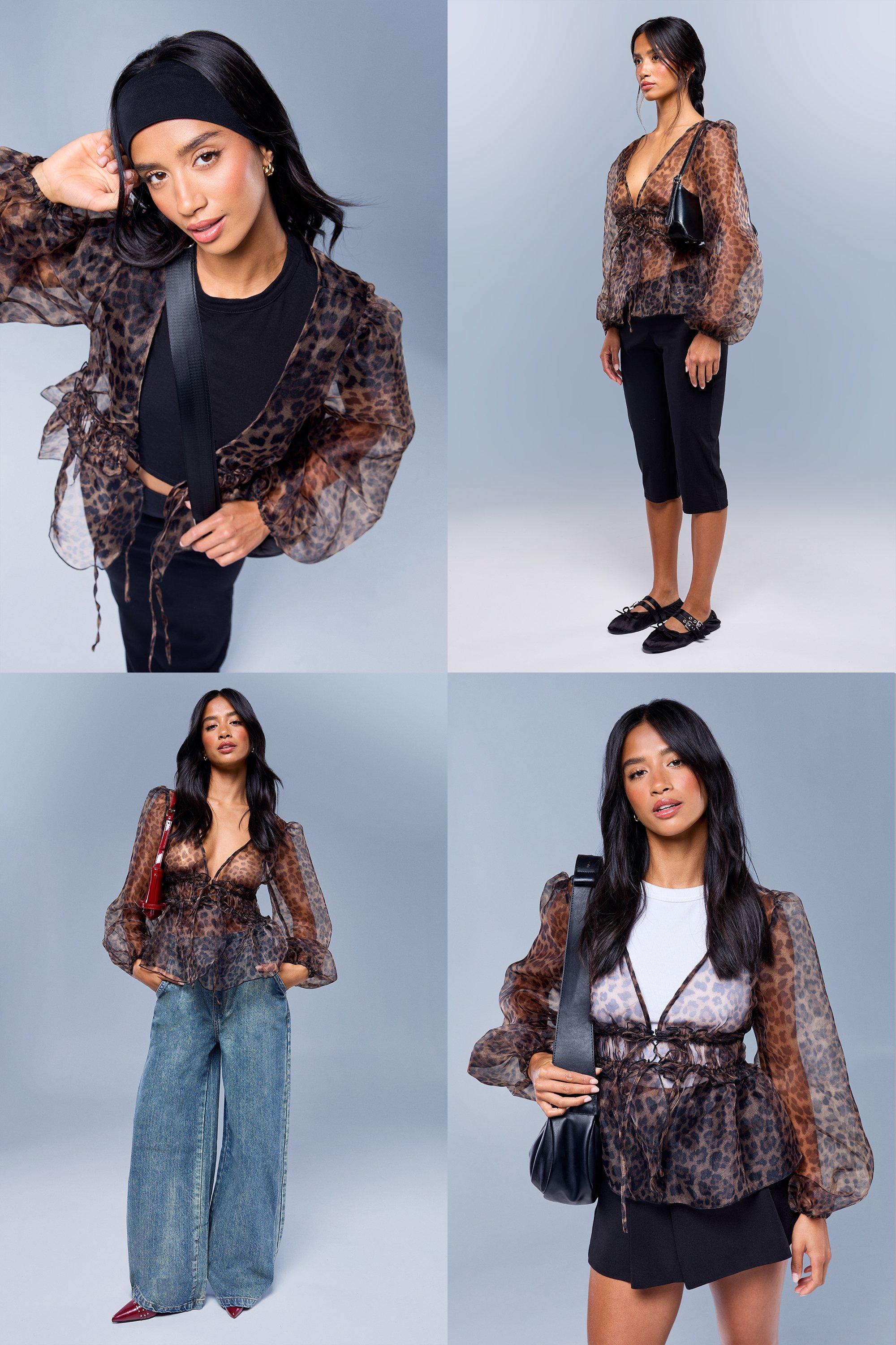 Image of Blusa leopardata con laccetti e maniche ampie, Multi