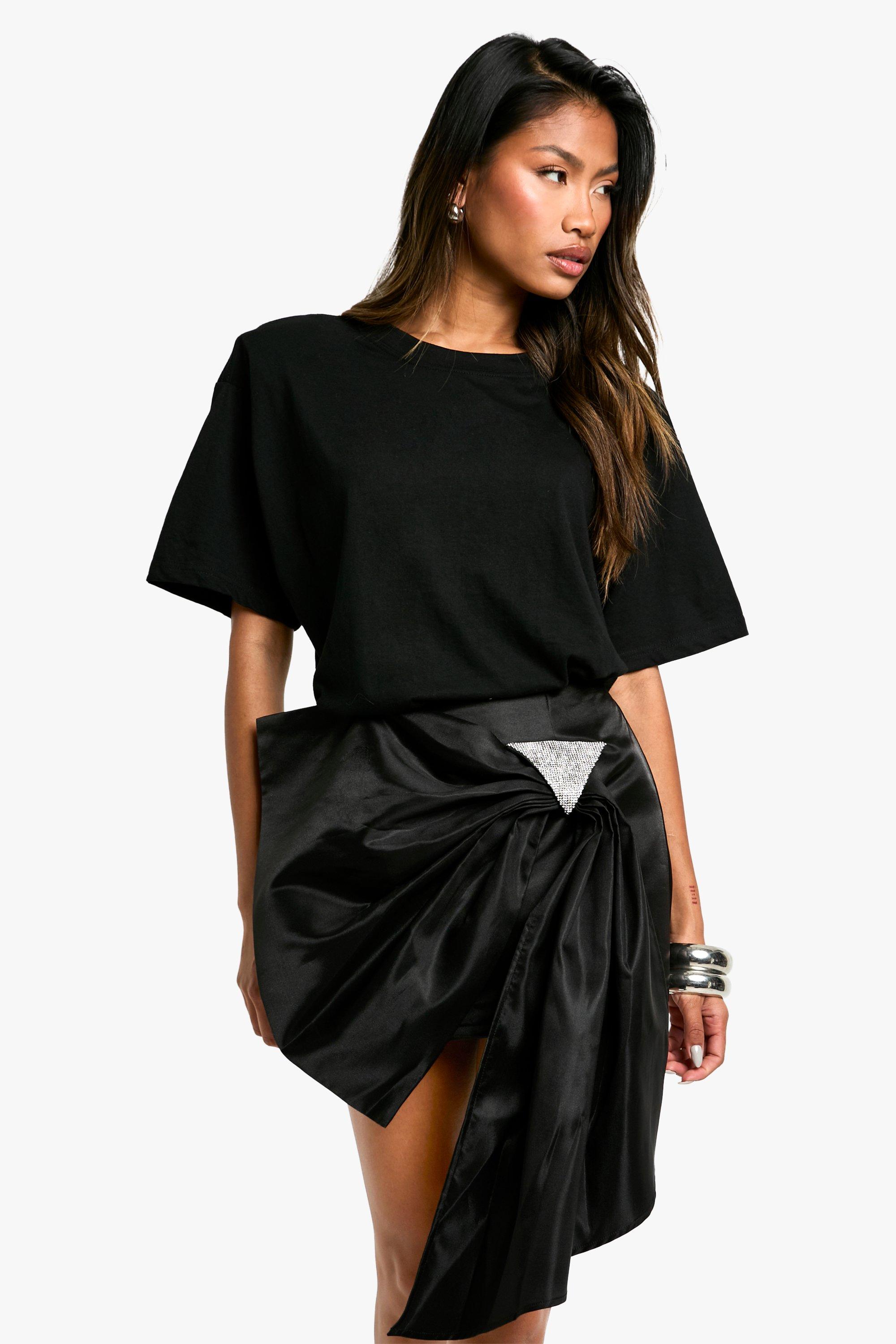 Boohoo Taffeta Rok Met Steentjes En Strik, Black