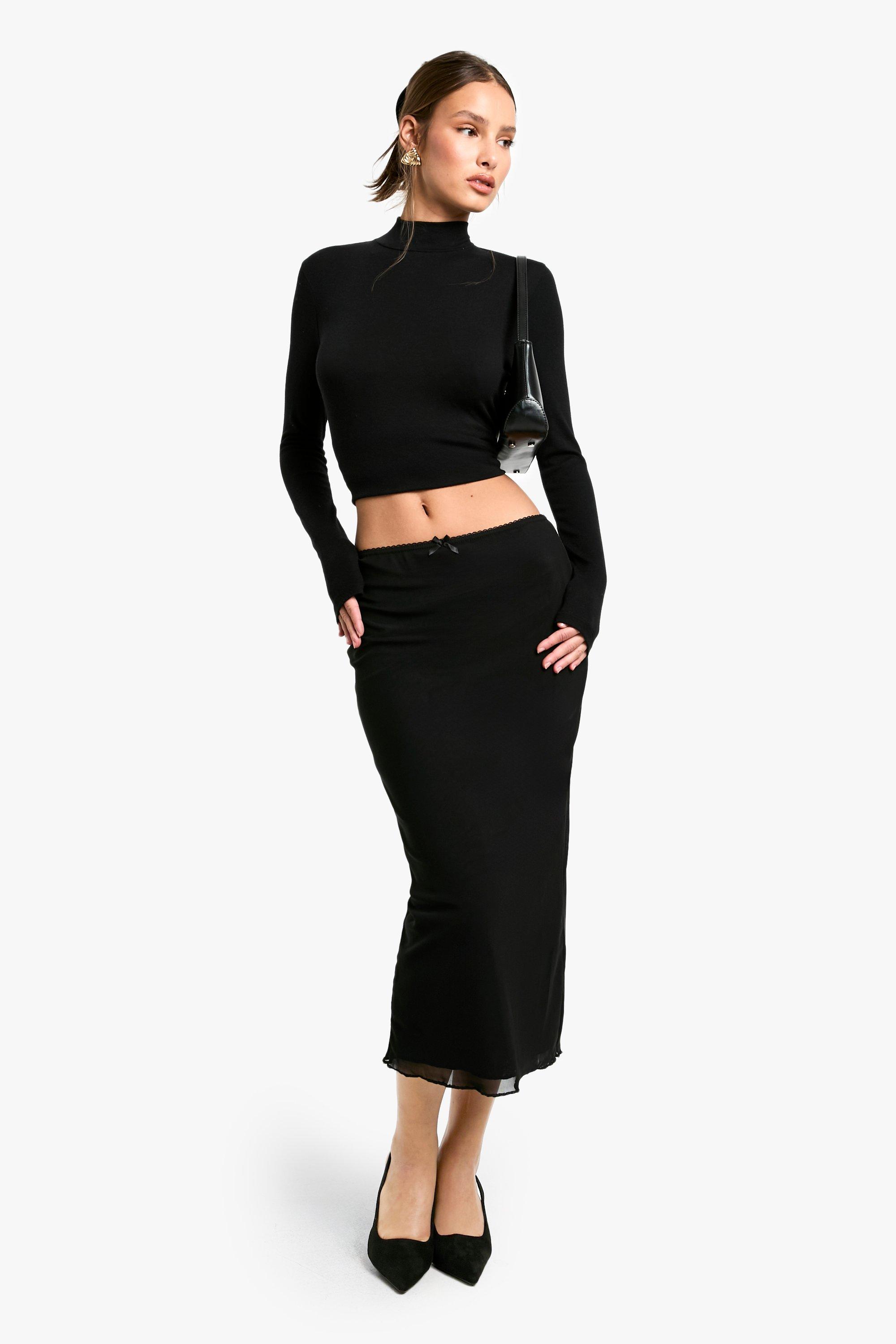 Boohoo Basic Mesh Midi Rok Met Lettuce Edge, Black