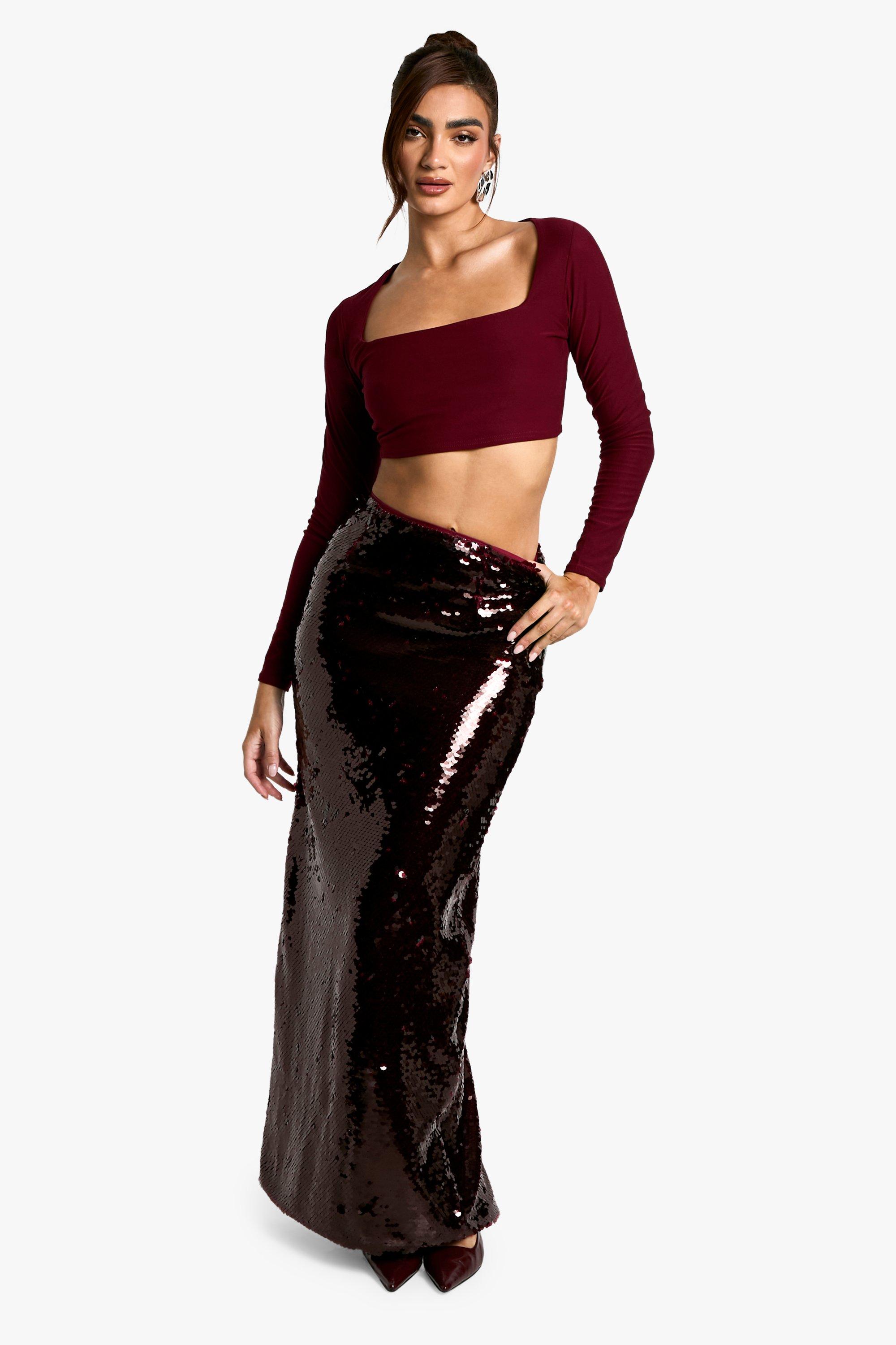 Boohoo Premium Glitter Maxi Rok Met Pailletten, Berry