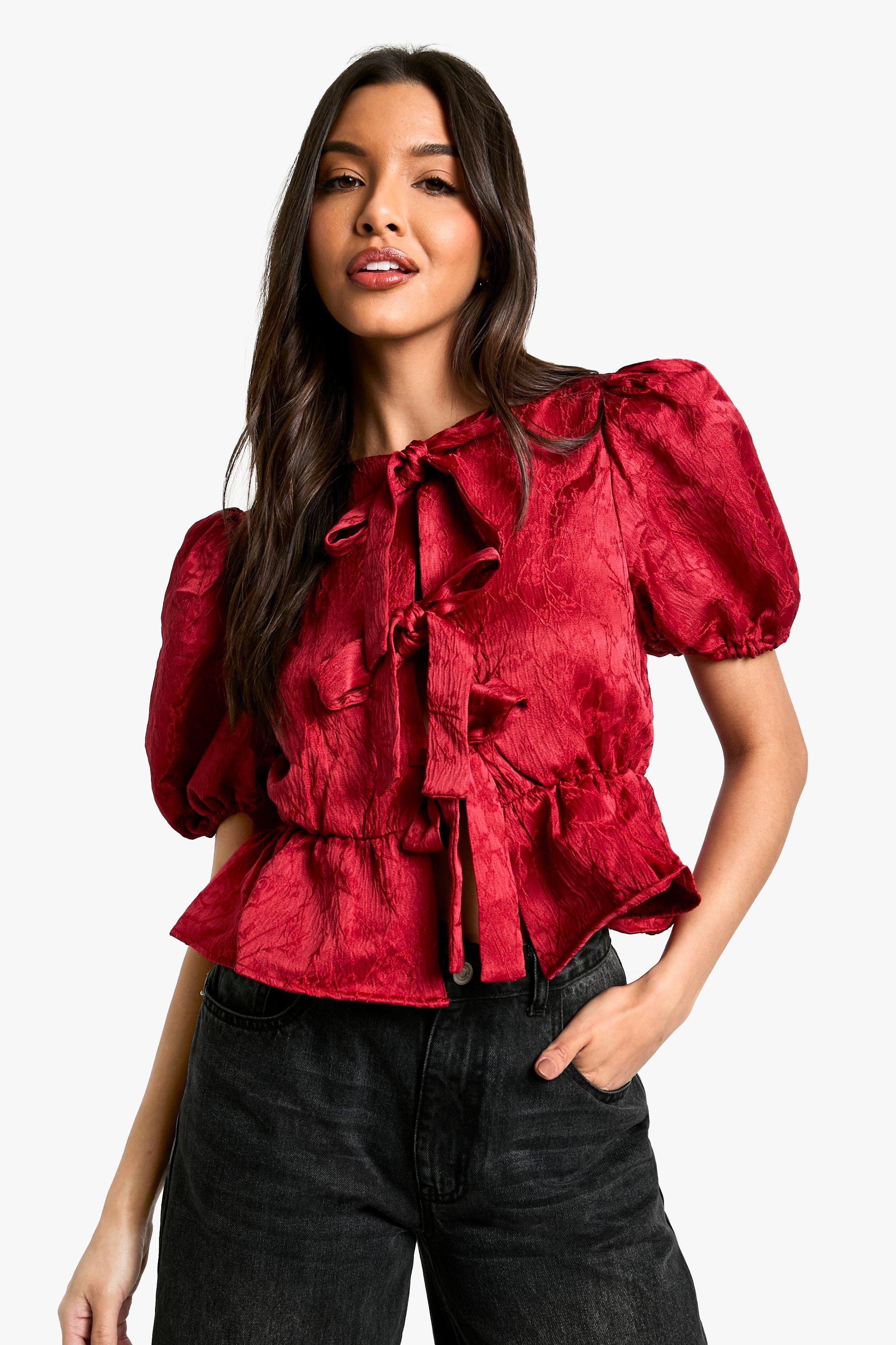 Womens Textured Jacquard Tie Front Puff Sleeve Smock Top - 12, Red