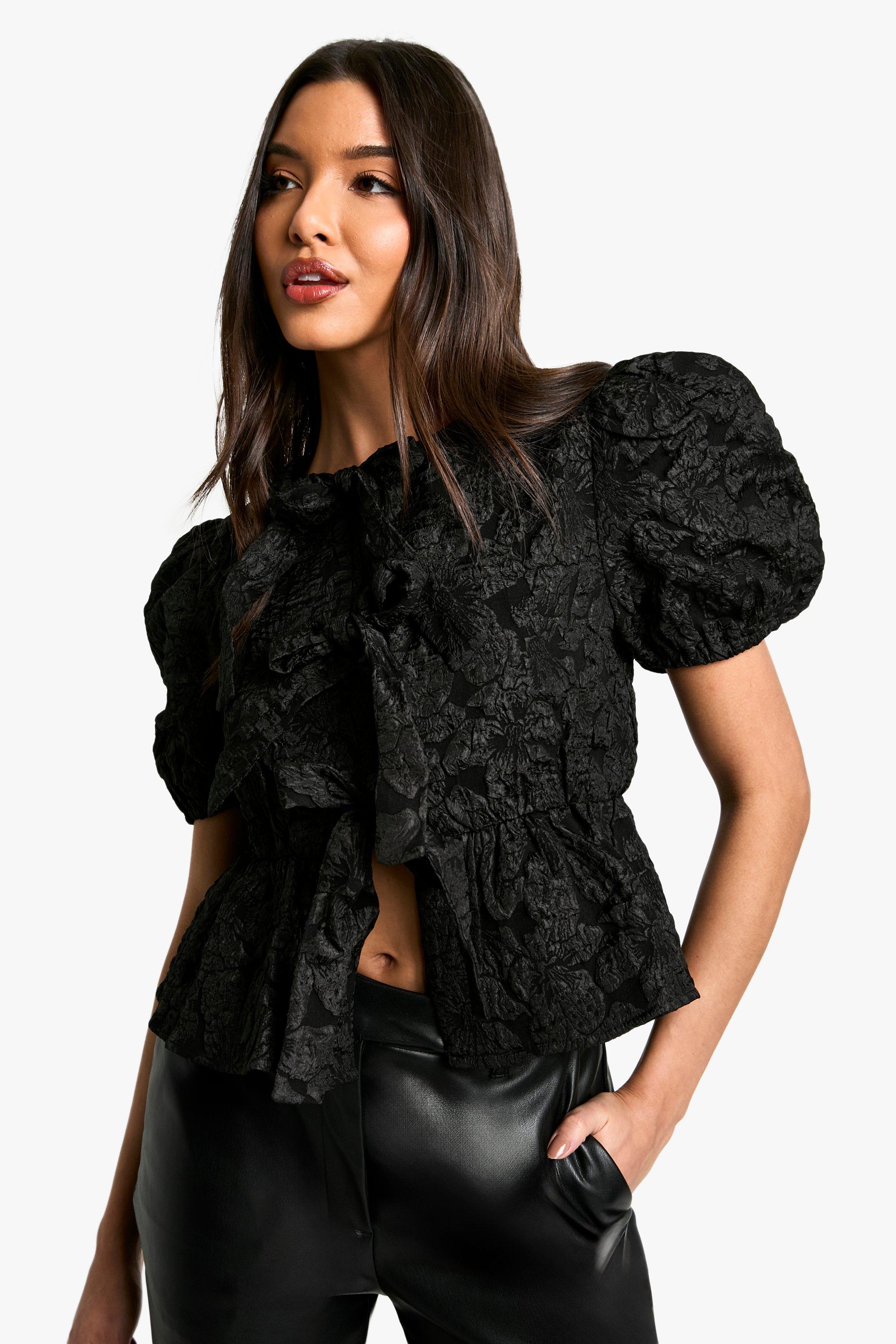 Womens Textured Floral Jacquard Tie Front Puff Sleeve Smock Top - Black - 16, Black