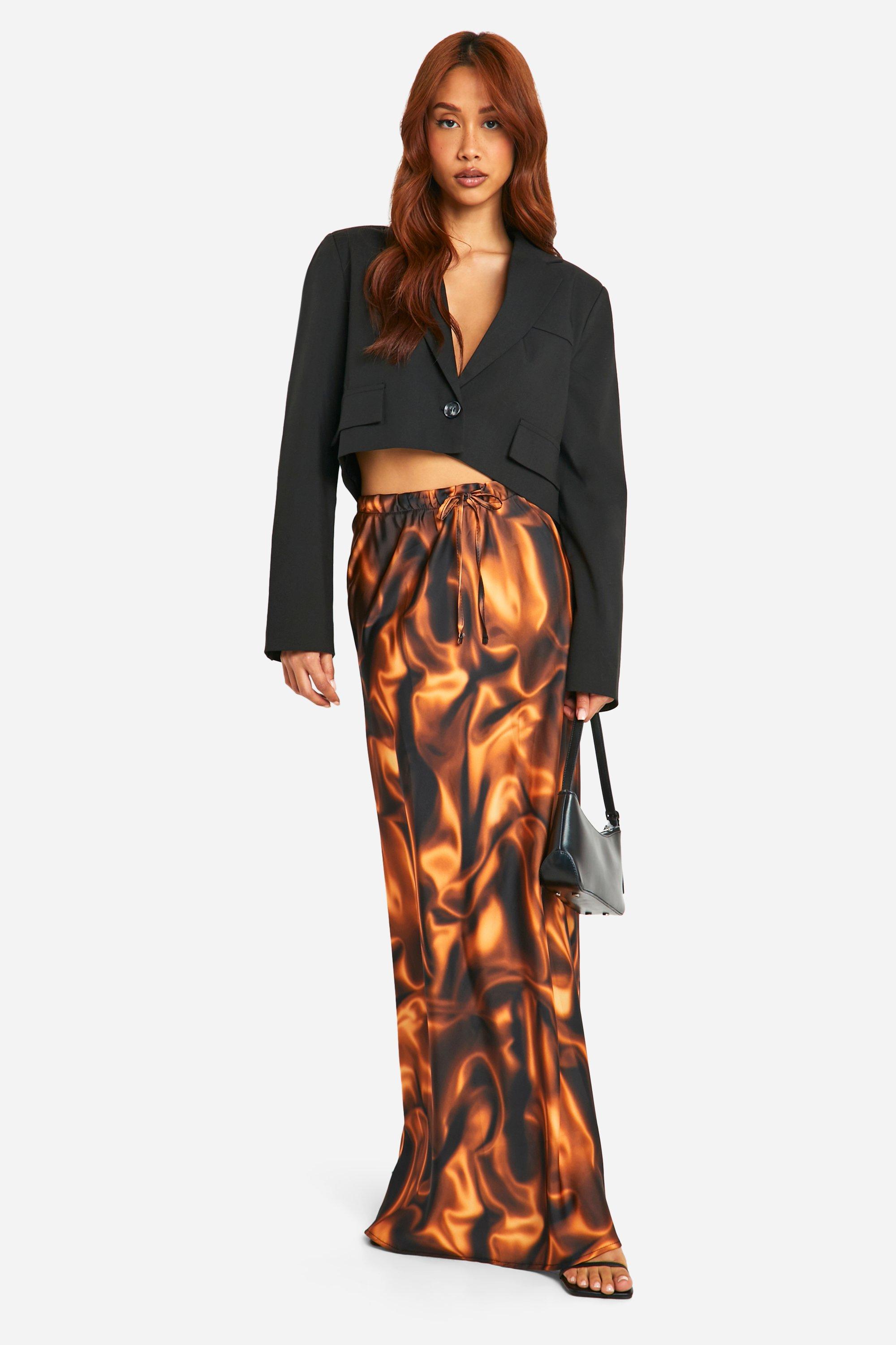 Boohoo Satijnen Marmerprint Maxi Rok Met Touwtjes En Ceintuur, Burnt Orange