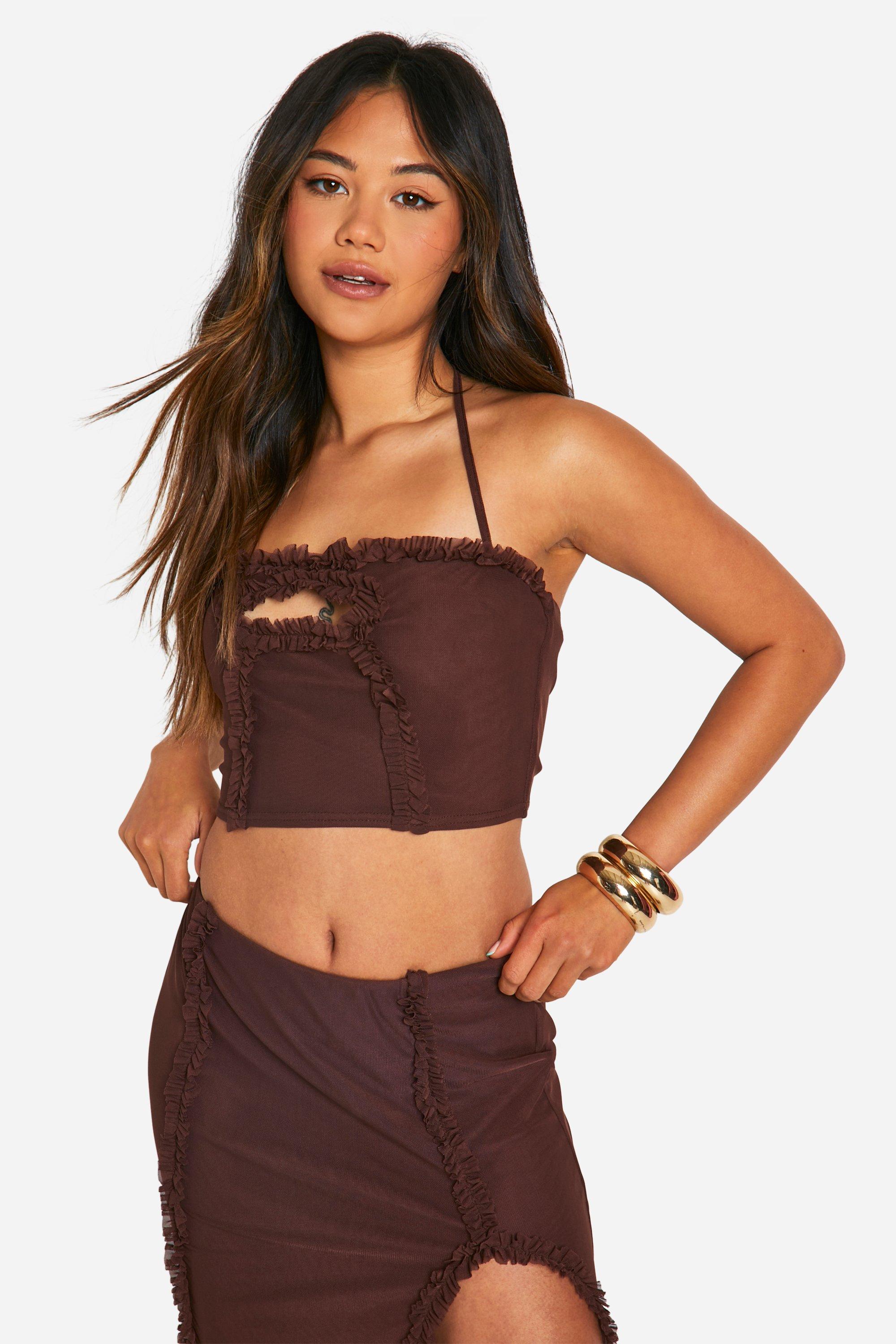 Boohoo Gekruiste Sleutelgat Top Met Ruches, Chocolate