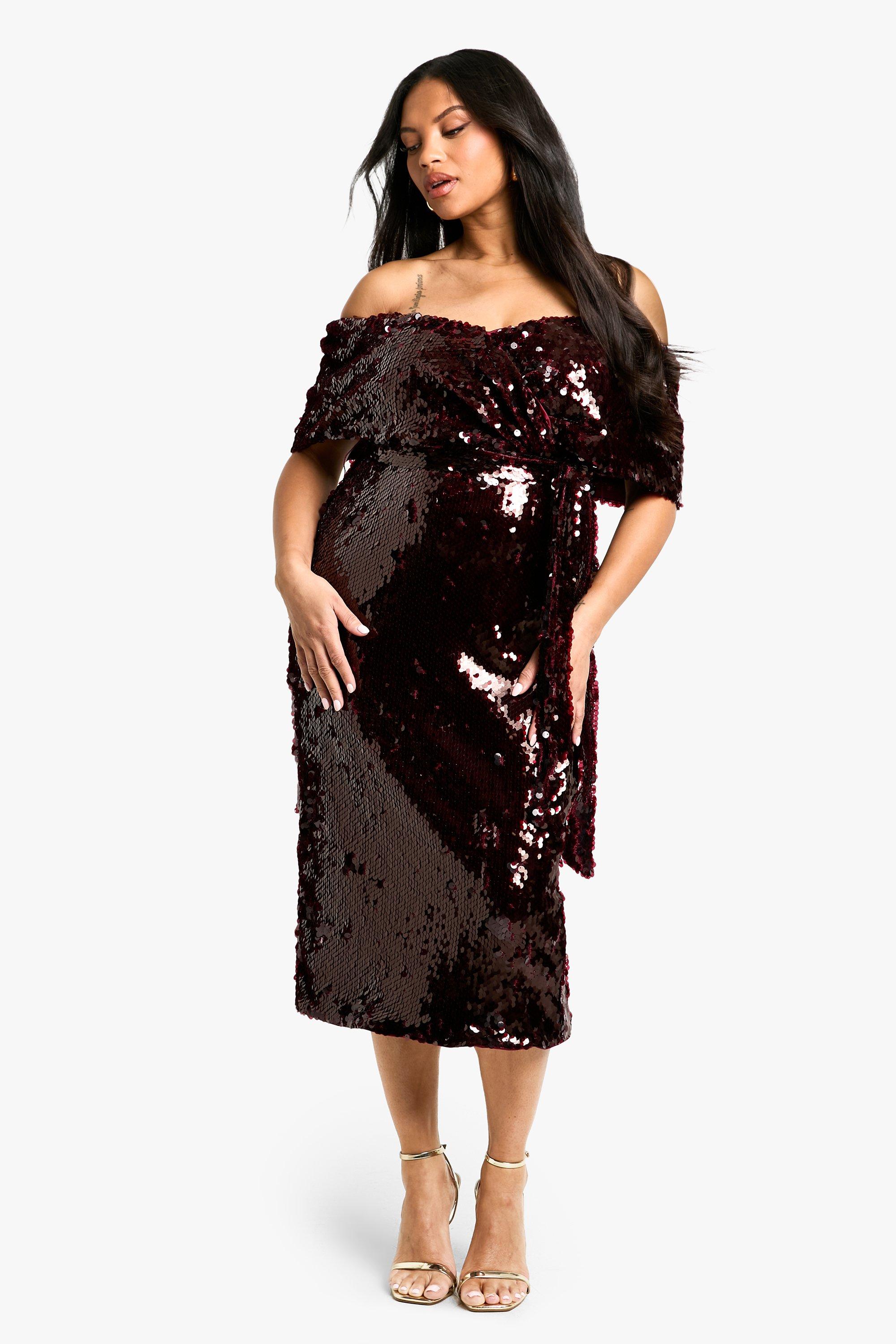 womens plus premium sequin off the shoulder midi dress - malbec - 26, malbec