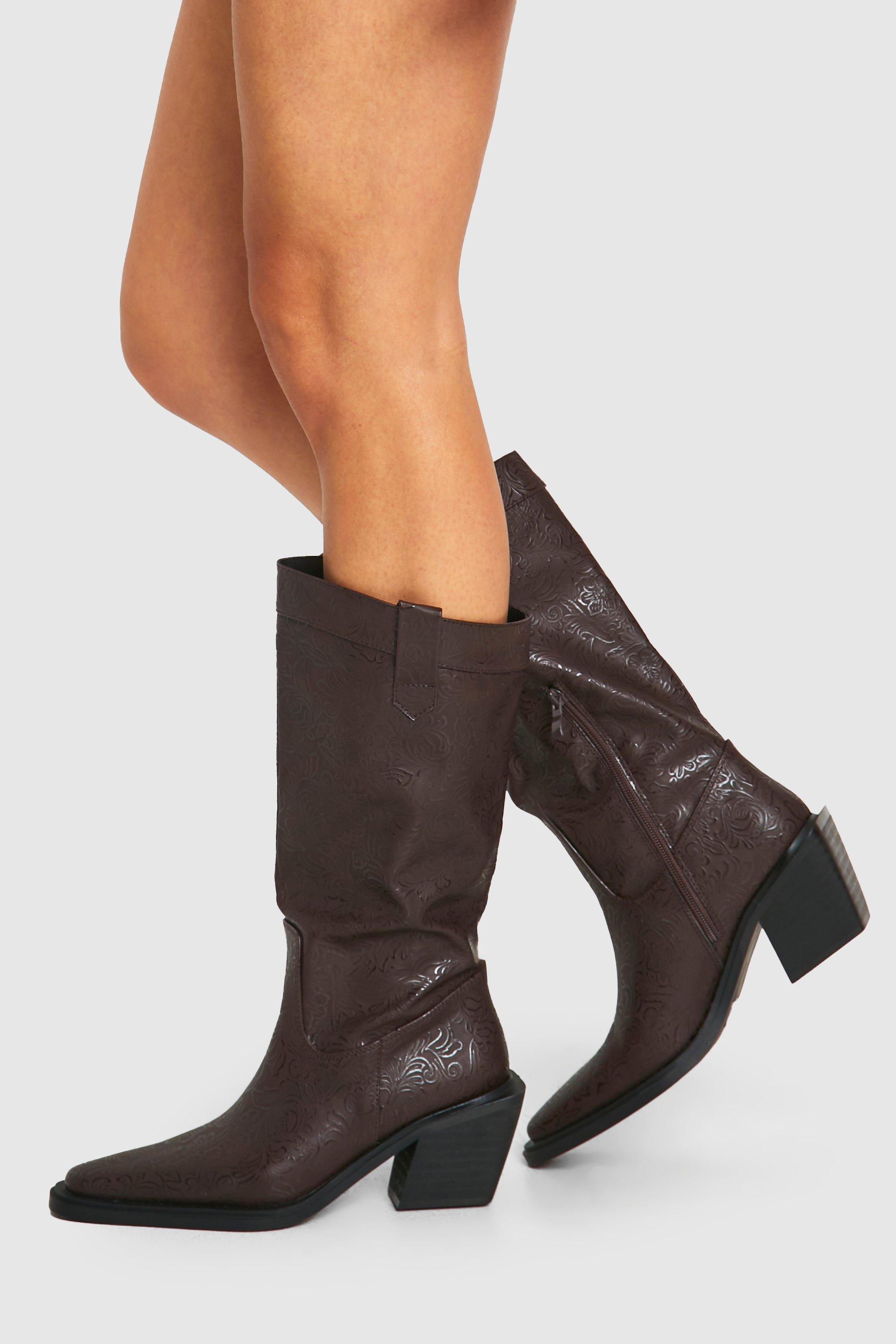 Boohoo Western Knielaarzen Met Reliëf En Puntneus, Brown