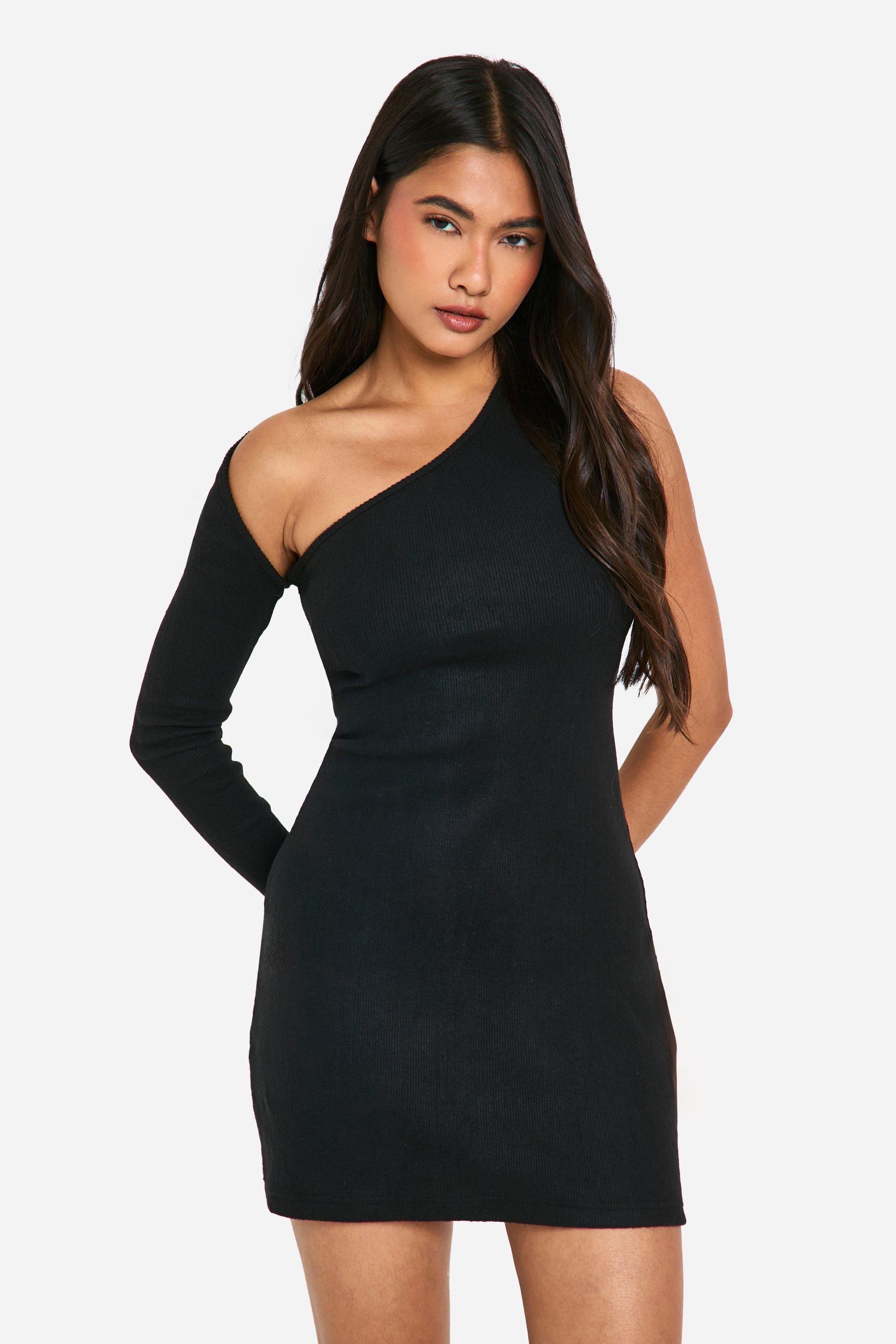 Boohoo Geborstelde Geribbelde Mini Jurk Met Eén Blote Schouder, Black