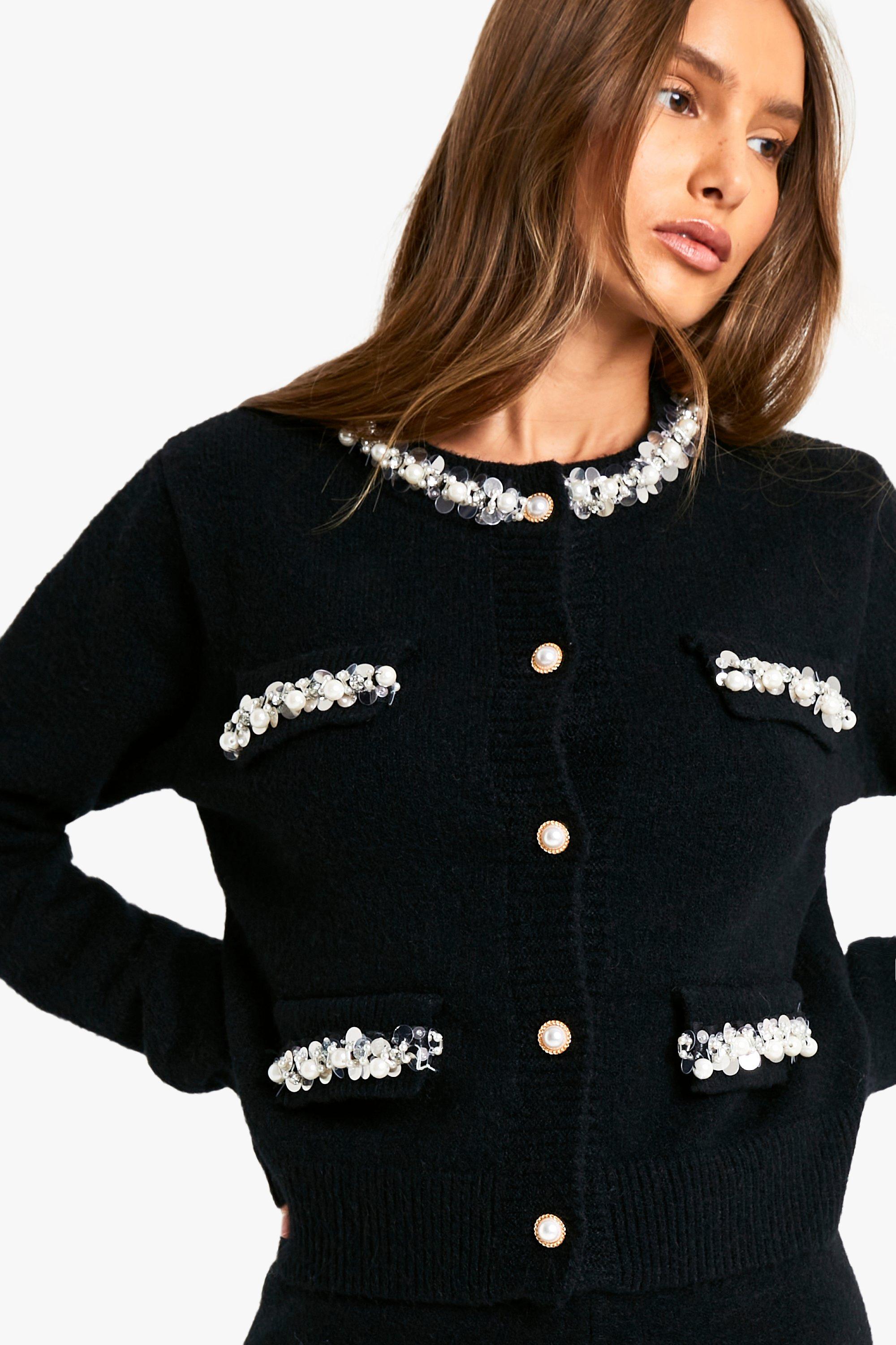 Boohoo Gebreide Bouclé Cardigan Met Pailletten, Black