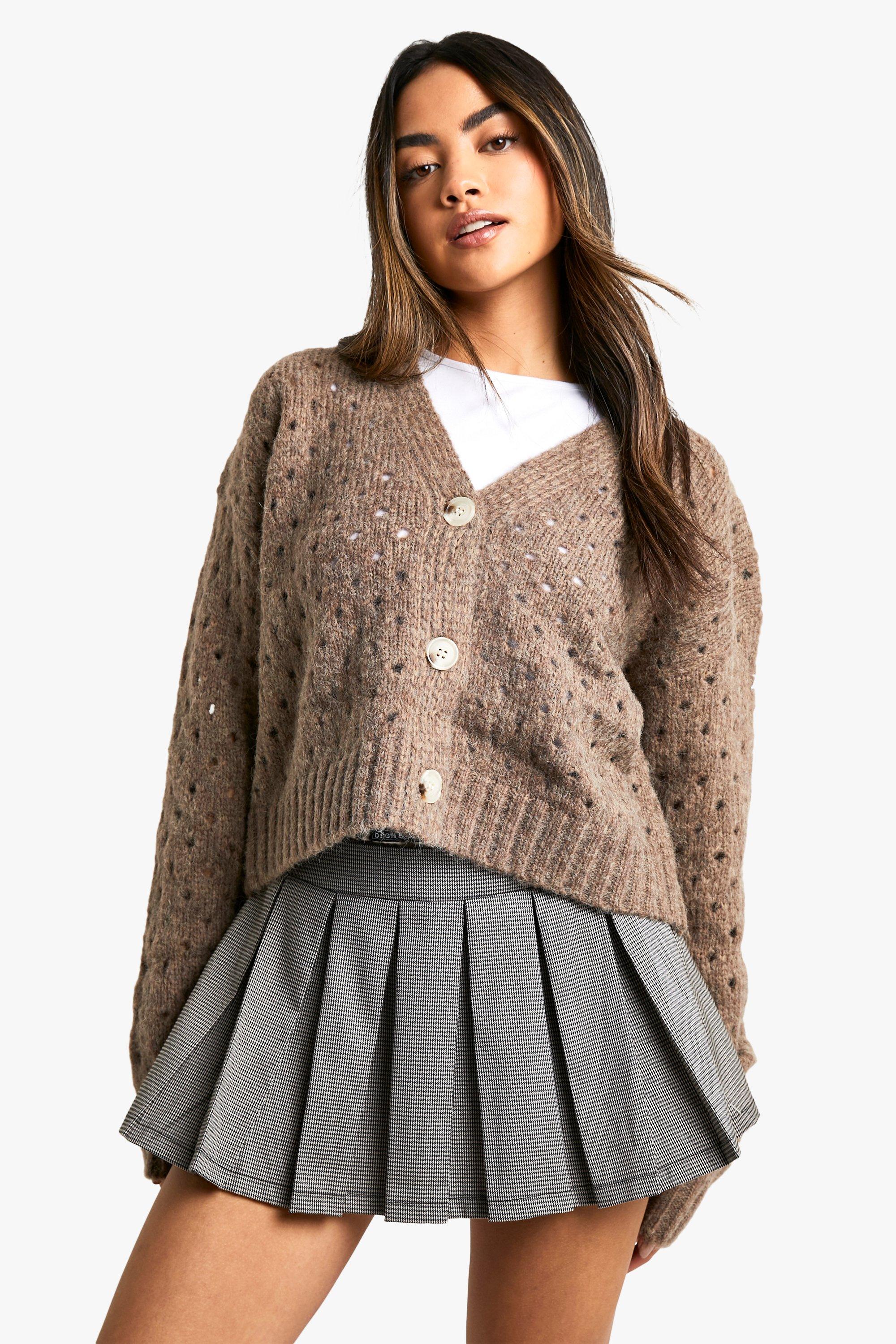 Boohoo Pluizige Gebreide Cardigan Met Gaatjes, Camel