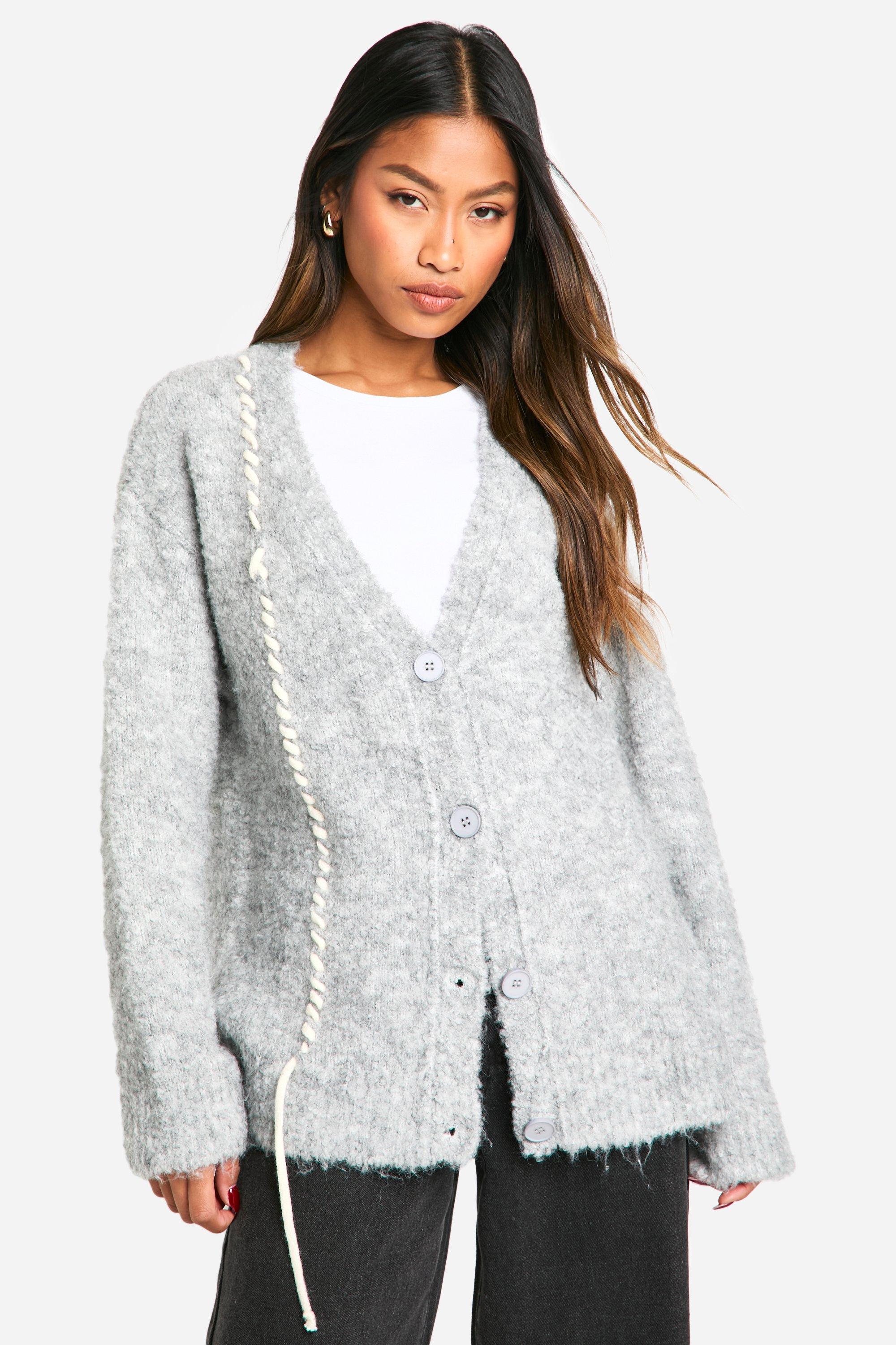 Boohoo Gebreide Bouclé Cardigan Met Stiksels, Grey Marl