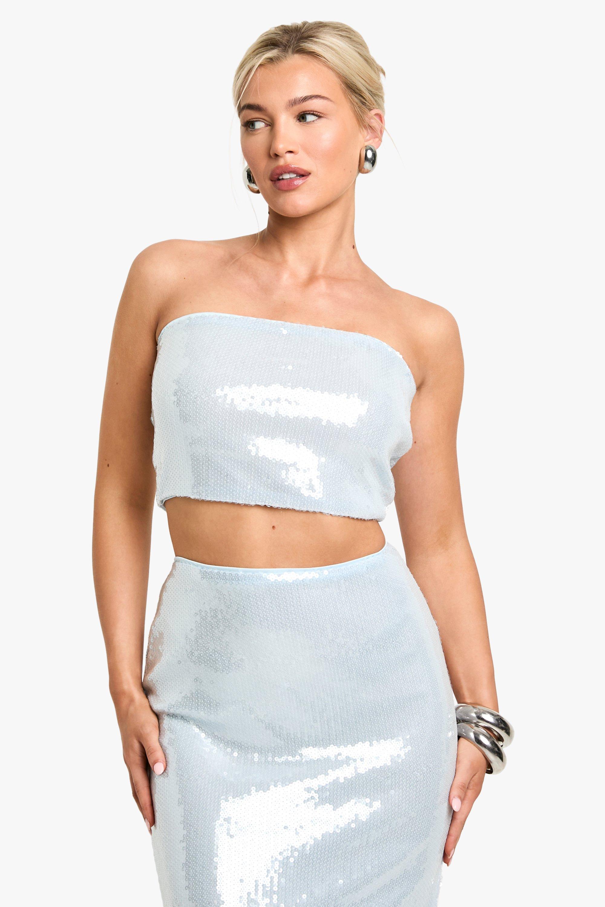 Boohoo Bandeau Top Met Pailletten, Ice Blue