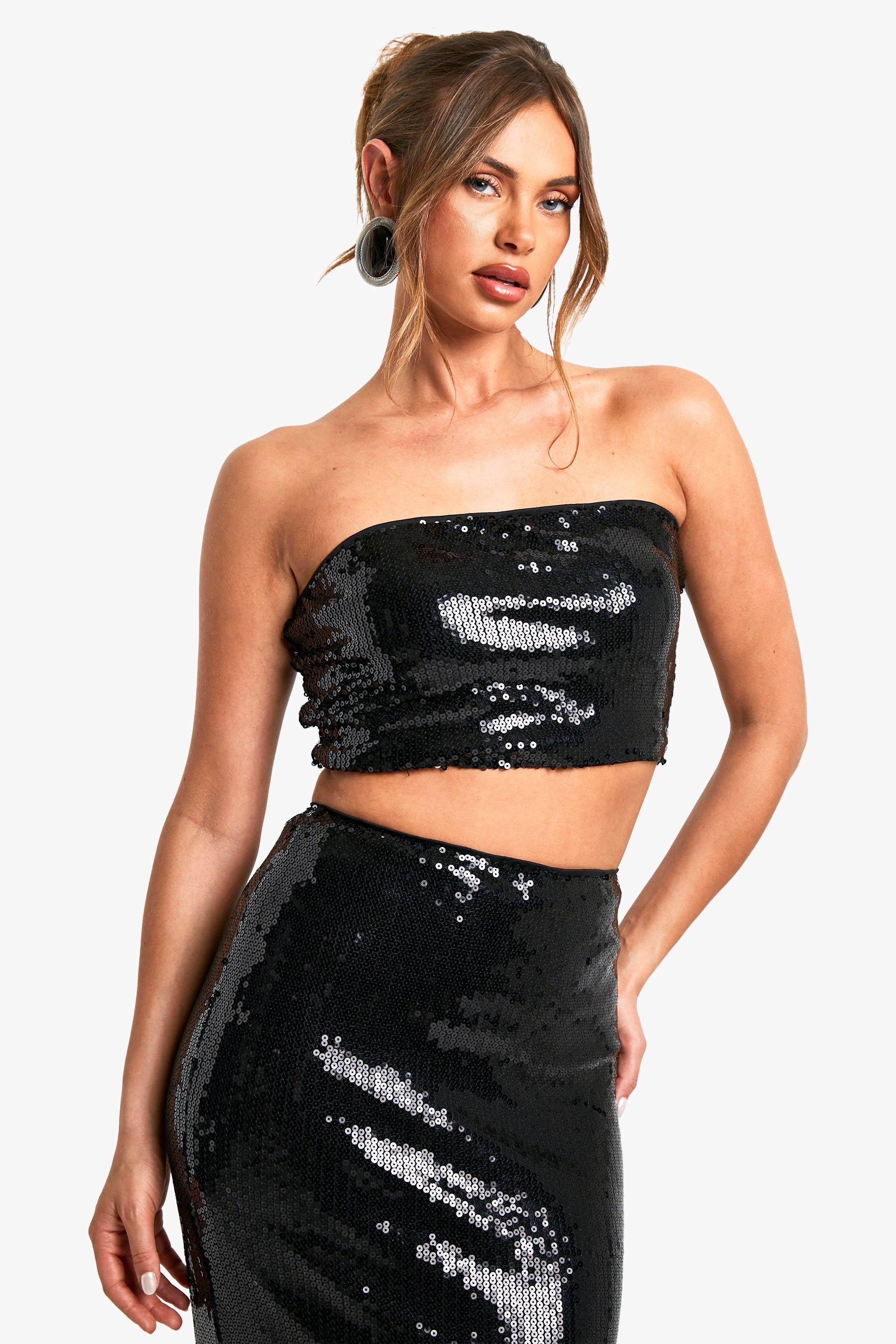 Boohoo Bandeau Top Met Pailletten, Black