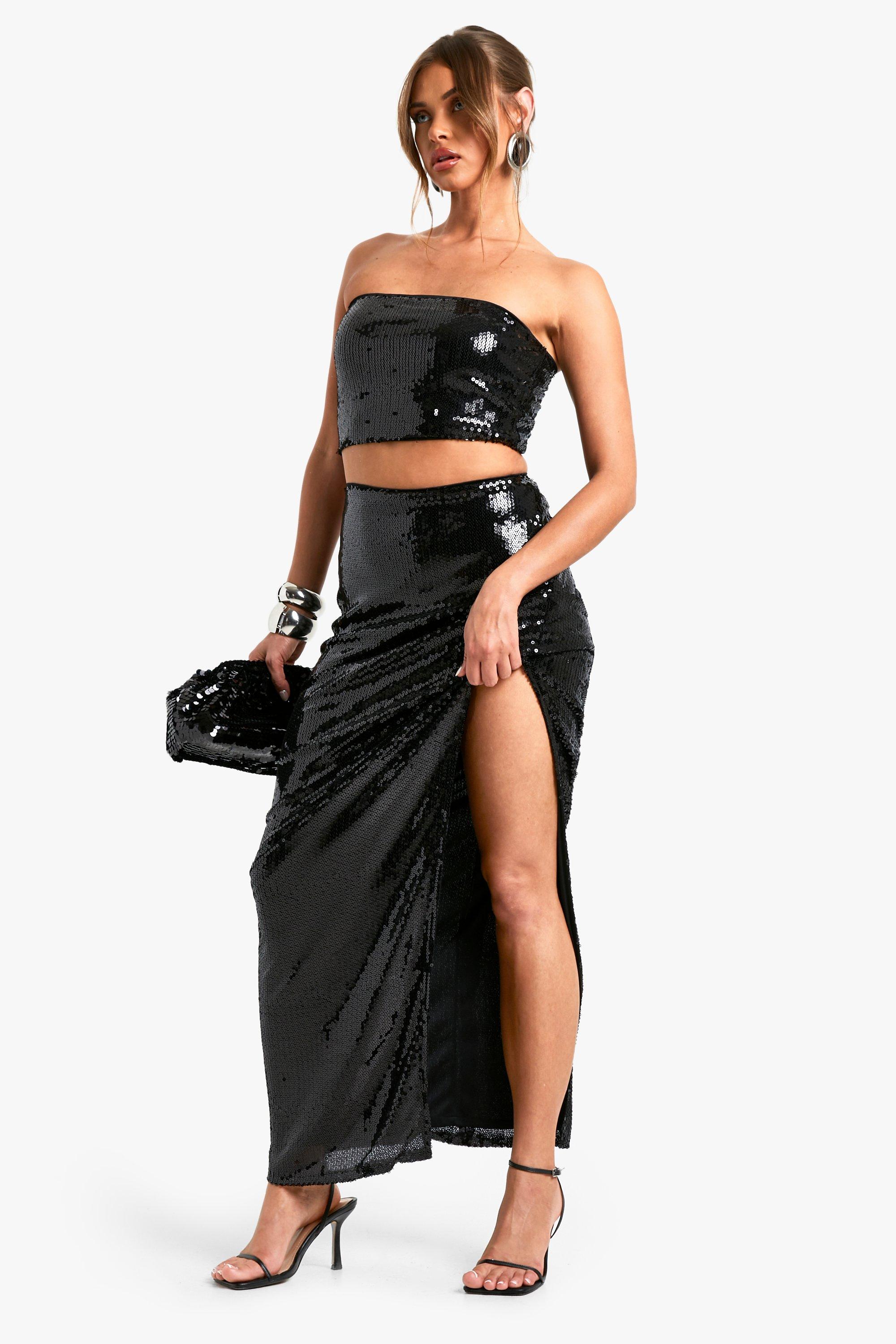 Boohoo Maxi Rok Met Pailletten En Zijsplit, Black