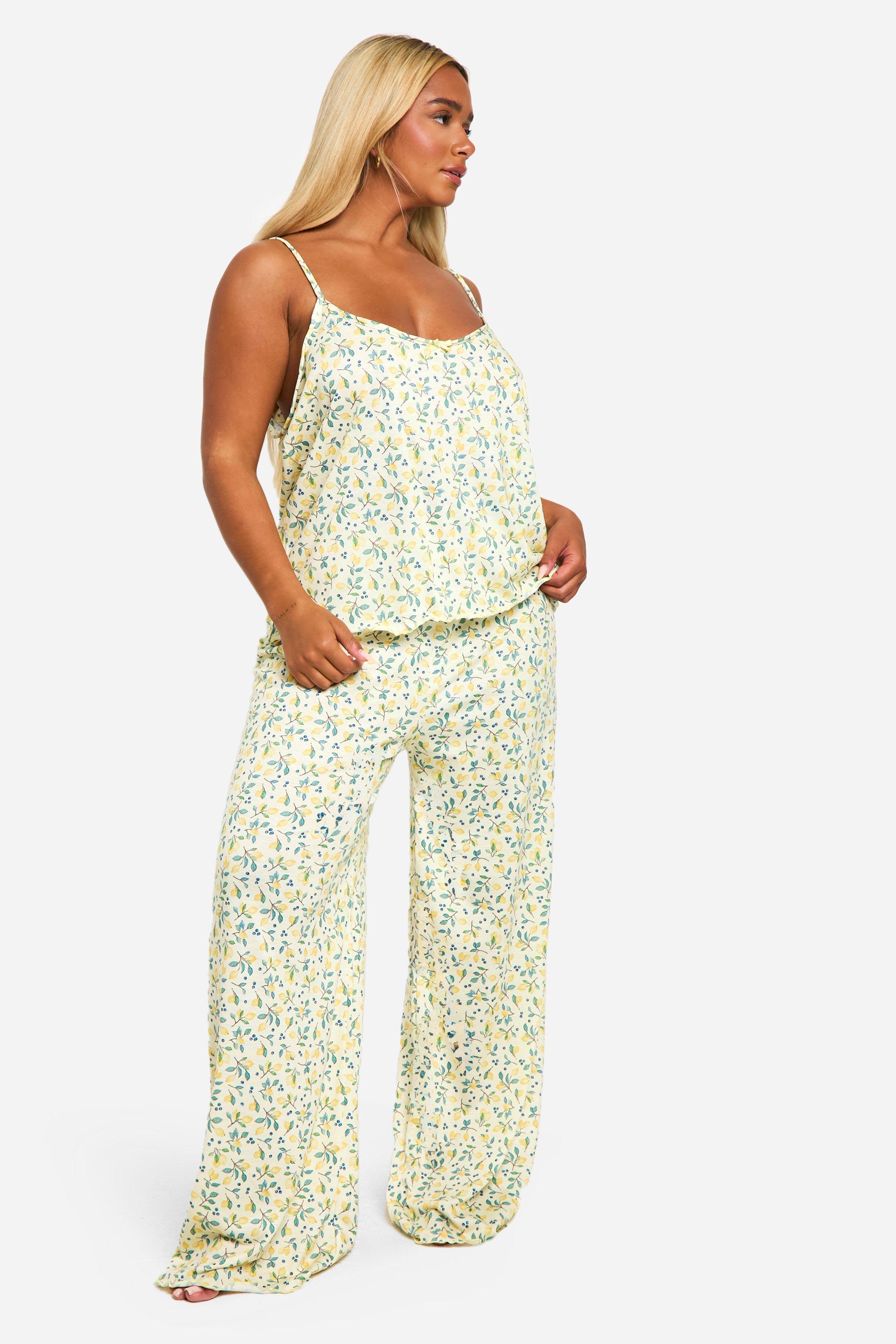 Womens Plus Lemon Print Cami Top & Trouser Pj Set - Yellow - 16, Yellow