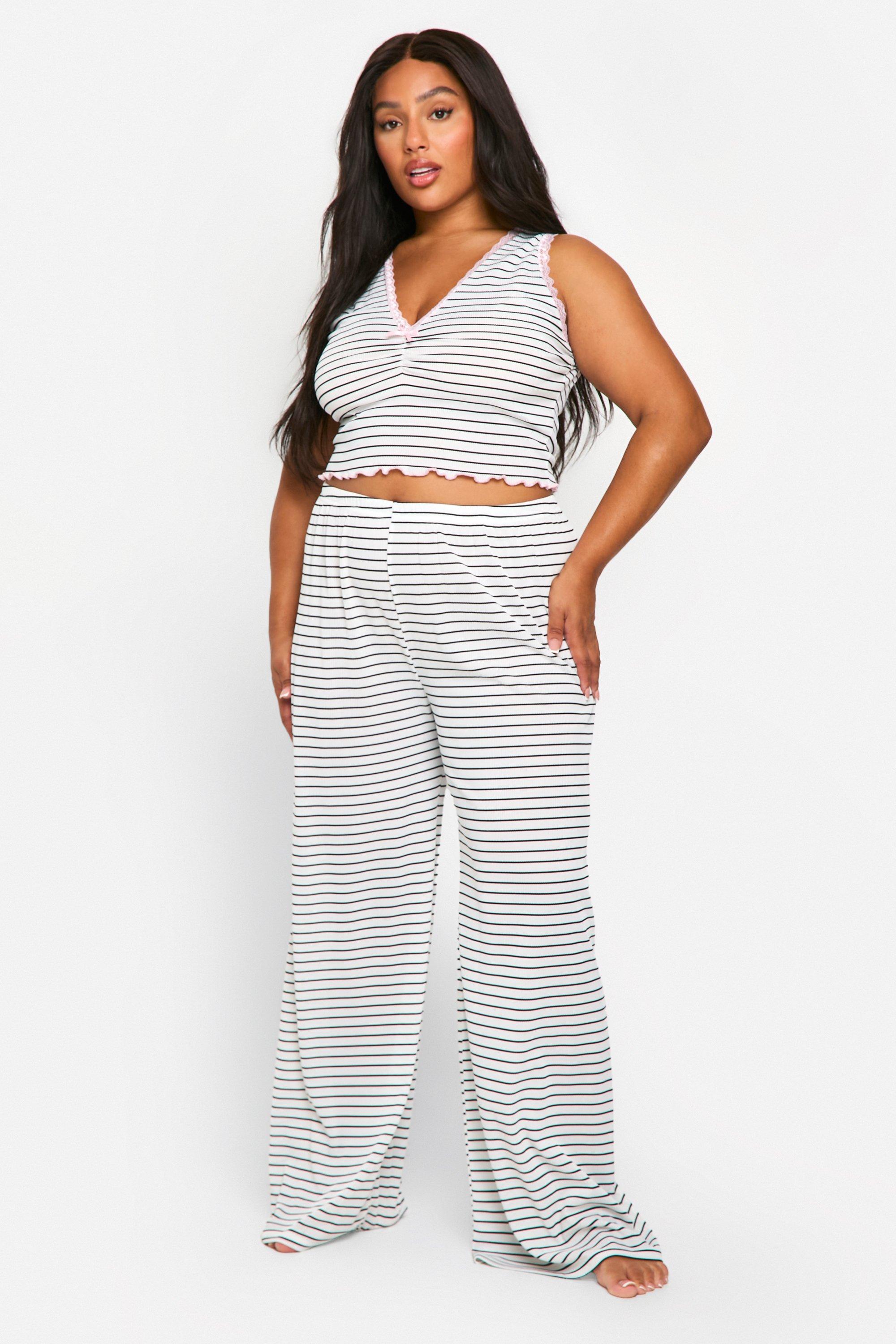 Womens Plus Stripe Trouser And Vest Pyjama Set - White - 16, White