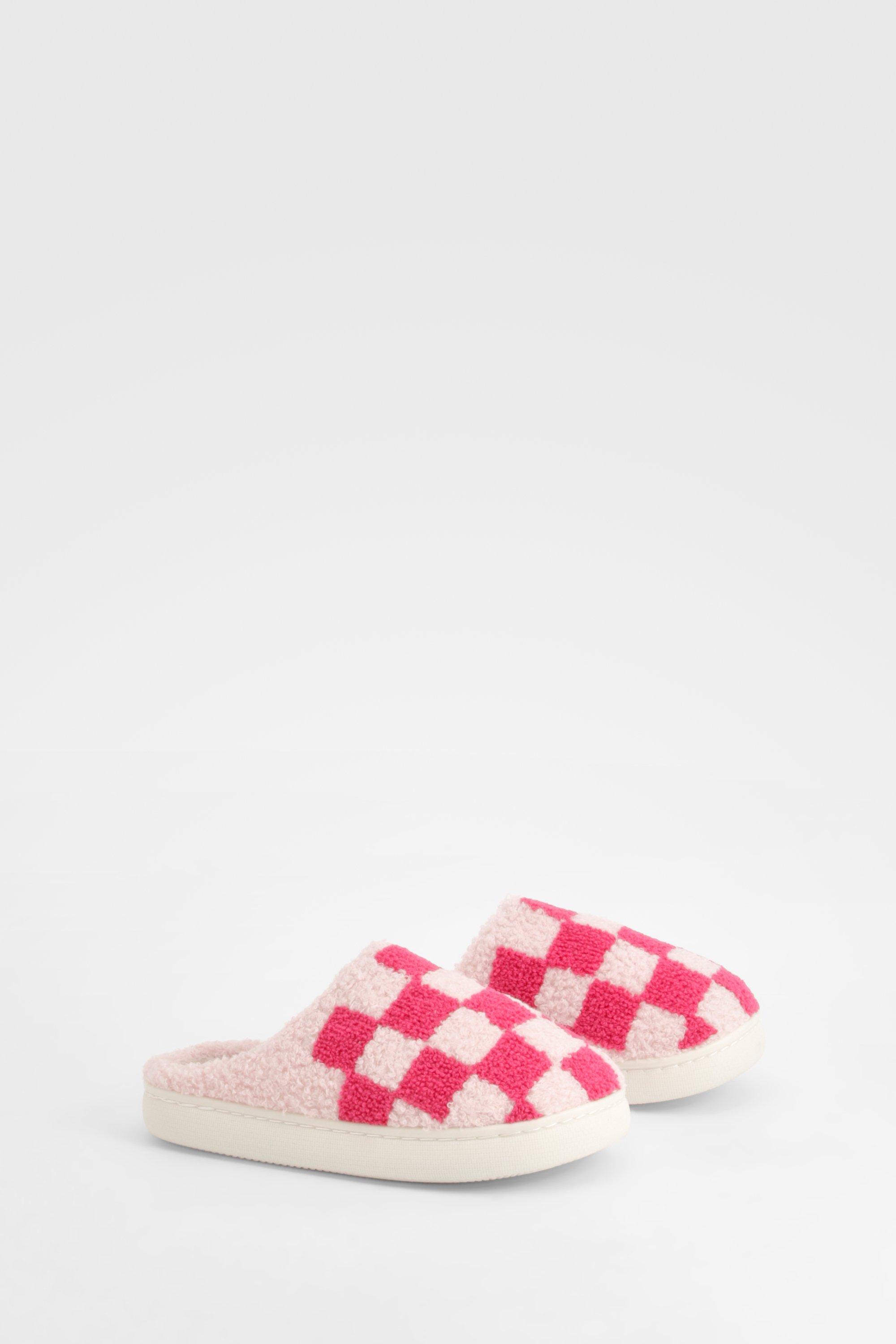 Womens Borg Checkboard Mule Slipper - Pink - M, Pink