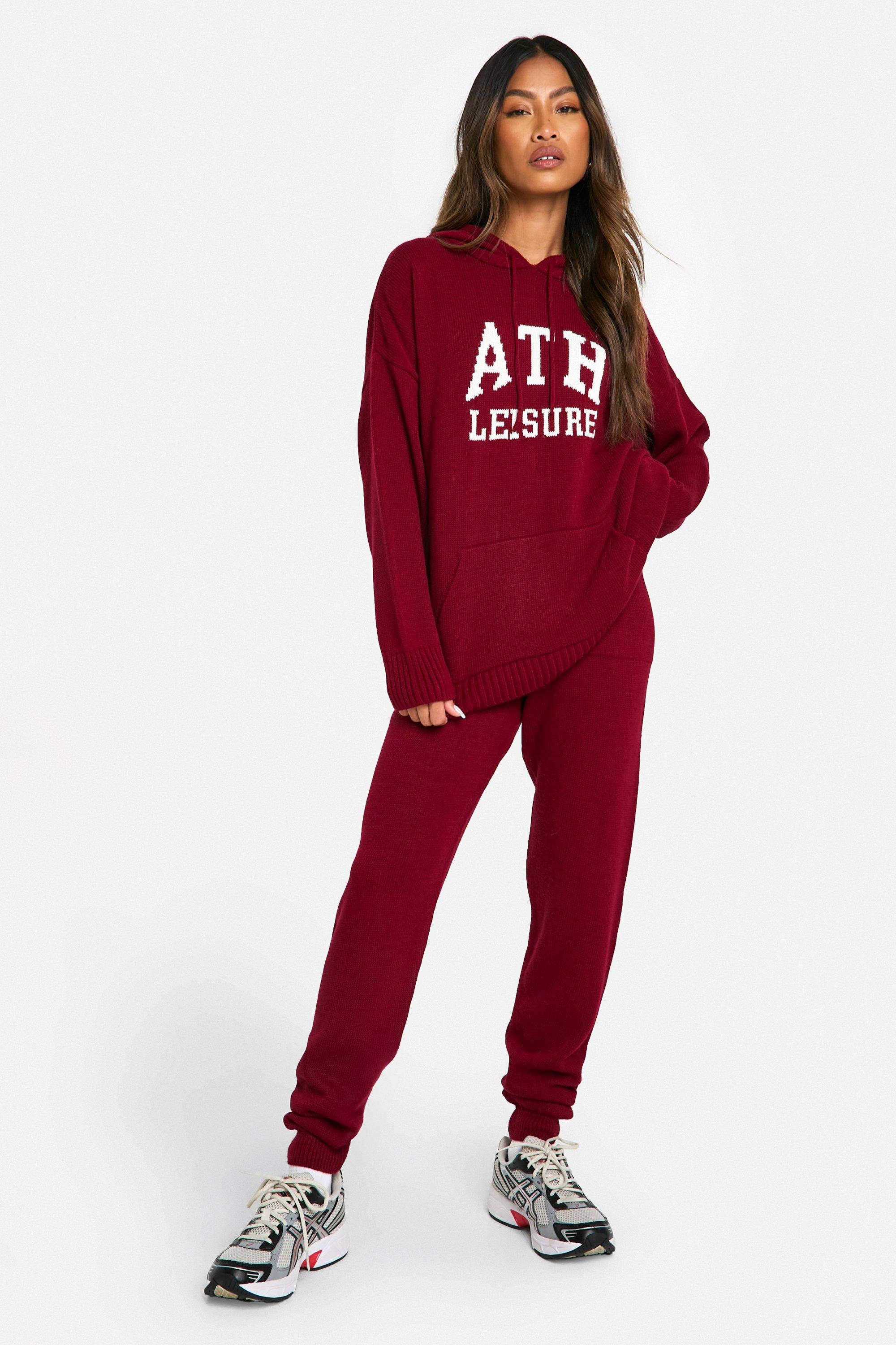 Womens Ath Leisure Embroidered Knitted Oversized Hoody And Cuffed Jogger Set - L, Red