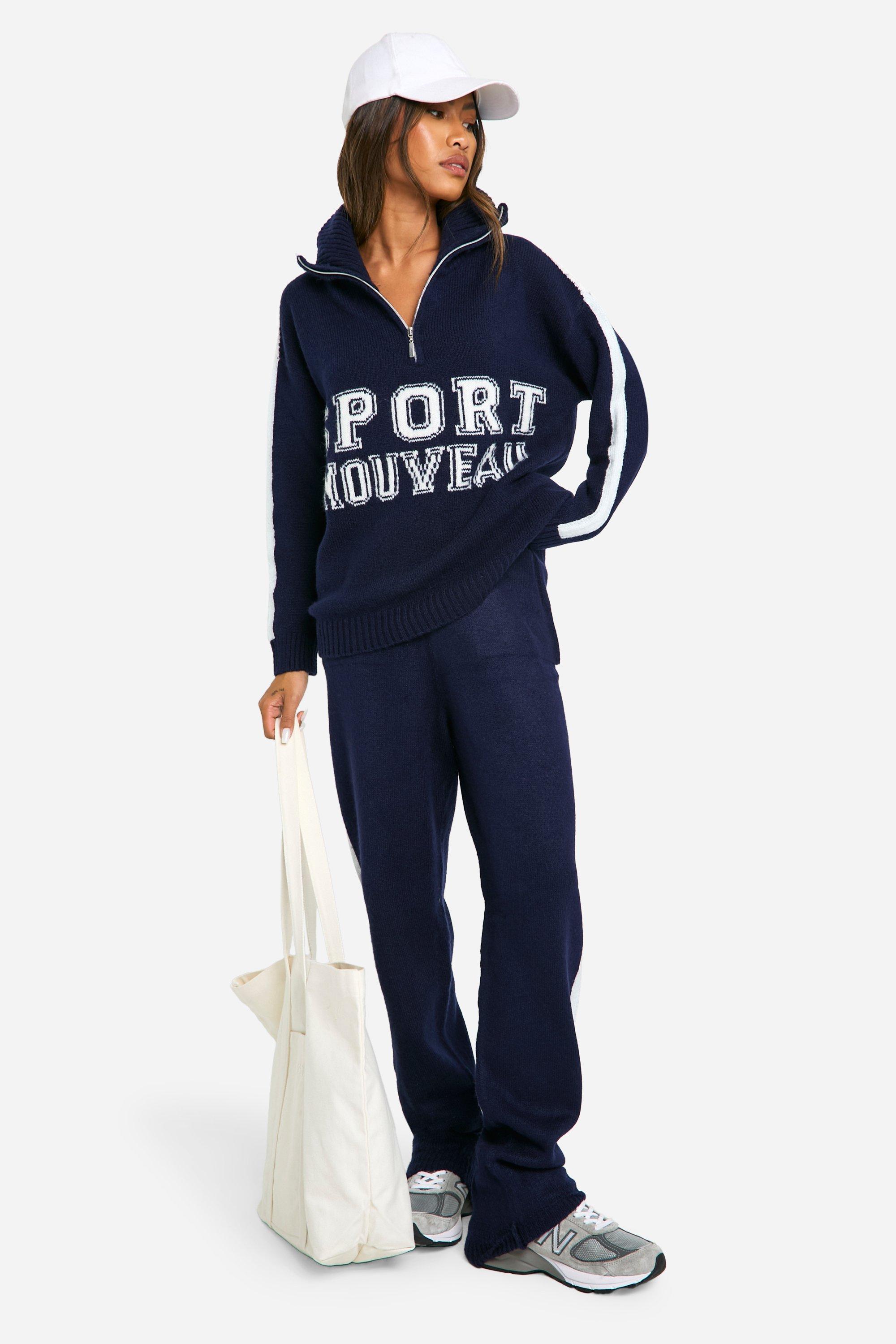 Womens Sport Nouveau Knitted Zip Neck Oversized Jumper And Cuffed Jogger Set - Navy - Xs, Navy