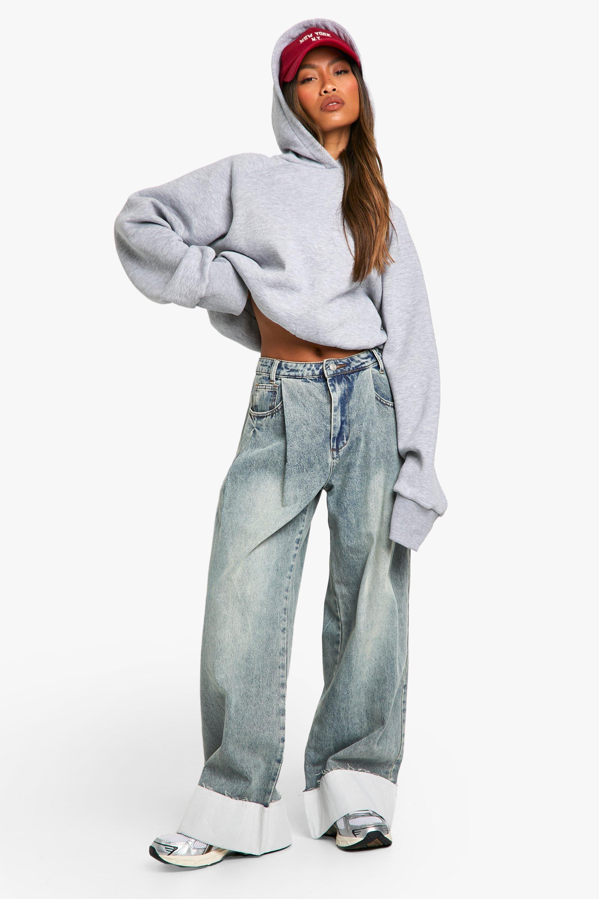 Boohoo Geplooide Jeans Met Omgeslagen Pijpen, Vintage Wash