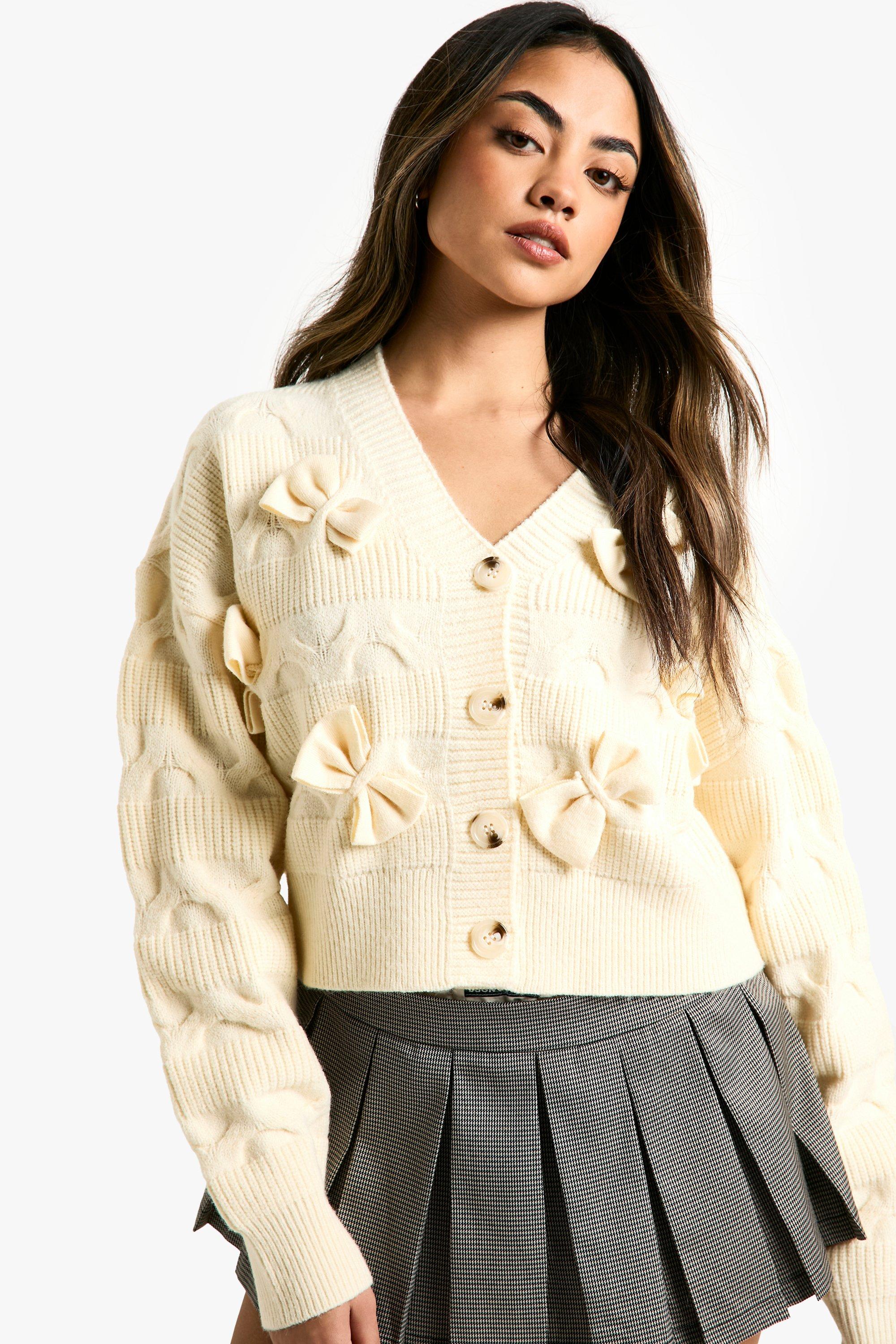 Boohoo Pluizige Gebreide Cardigan Met Strik, Cream