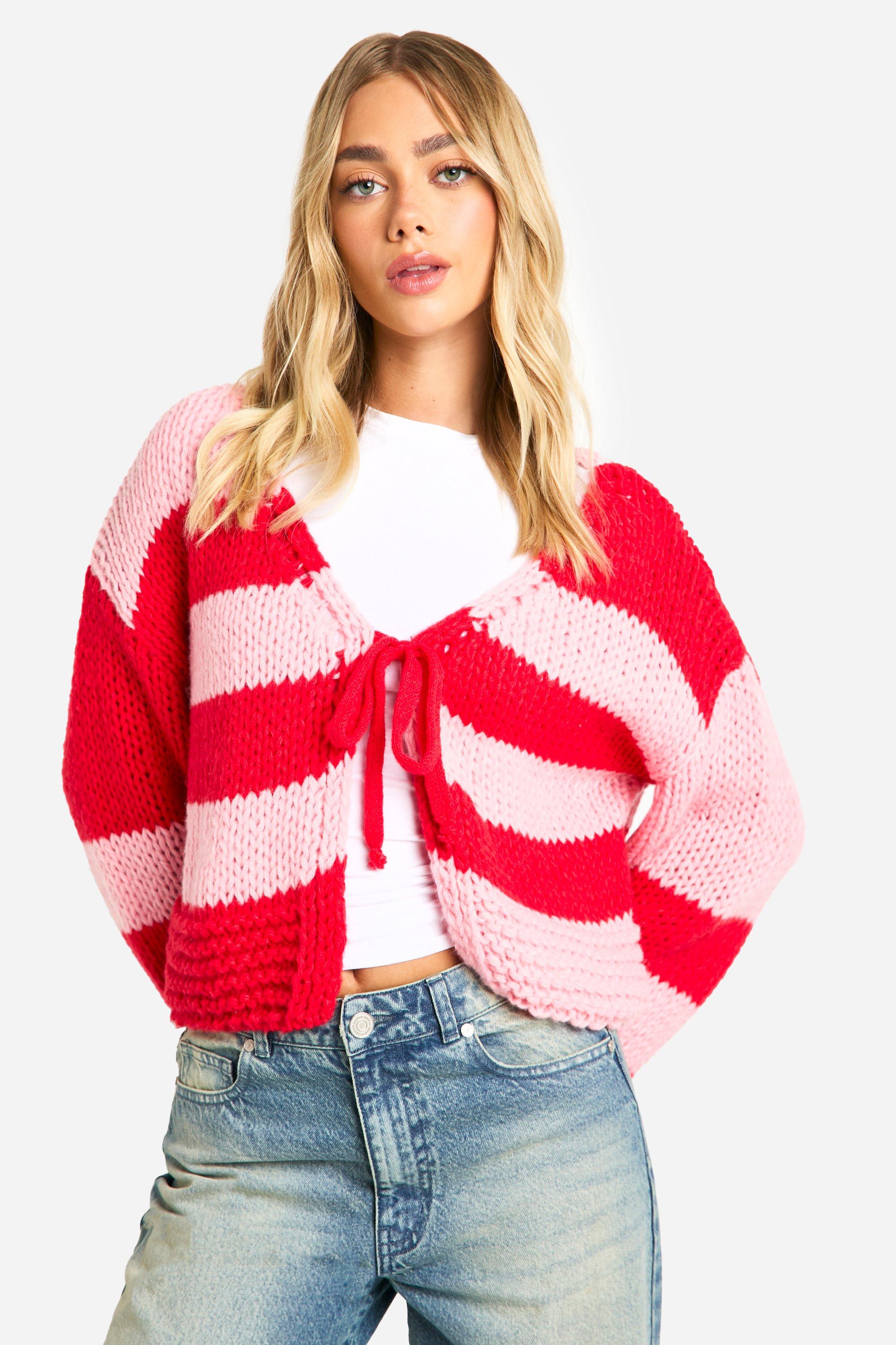 Boohoo Gebreide Gestreepte Premium Cardigan Met Strik, Red