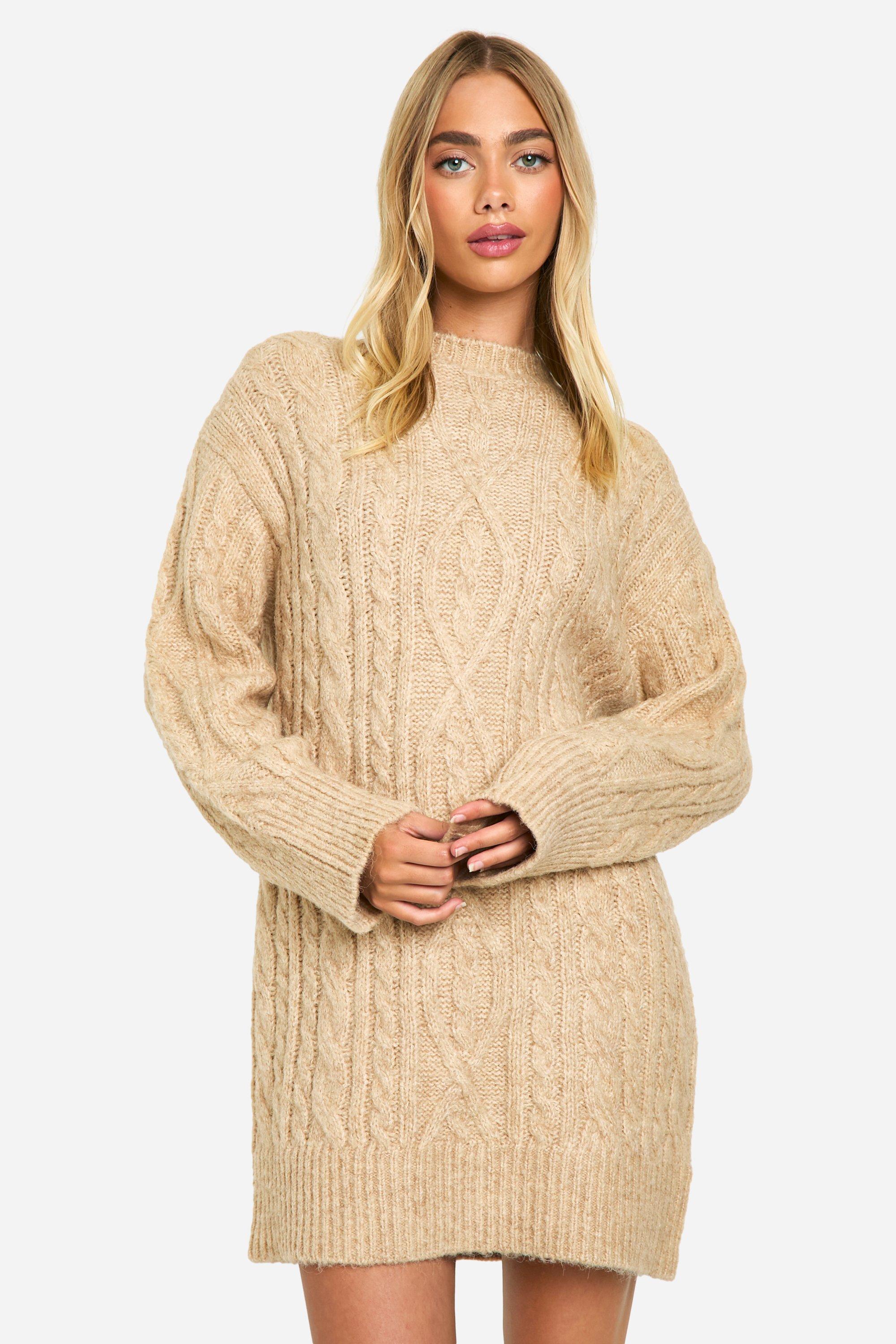 Boohoo Oversized Grof Gebreide Premium Mini Jurk, Beige