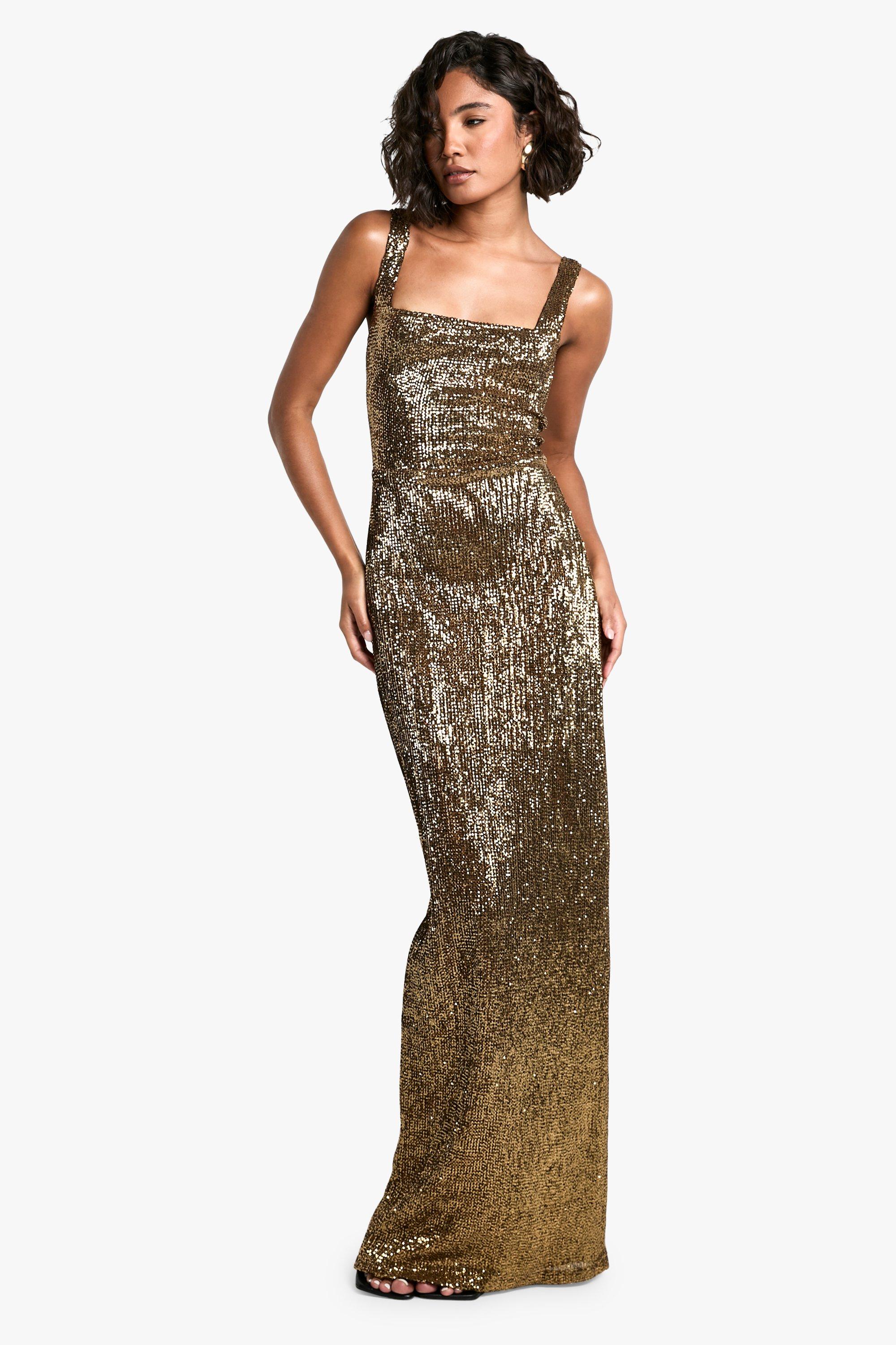 womens tall pleated sequin square neck maxi dress - gold - 18, gold