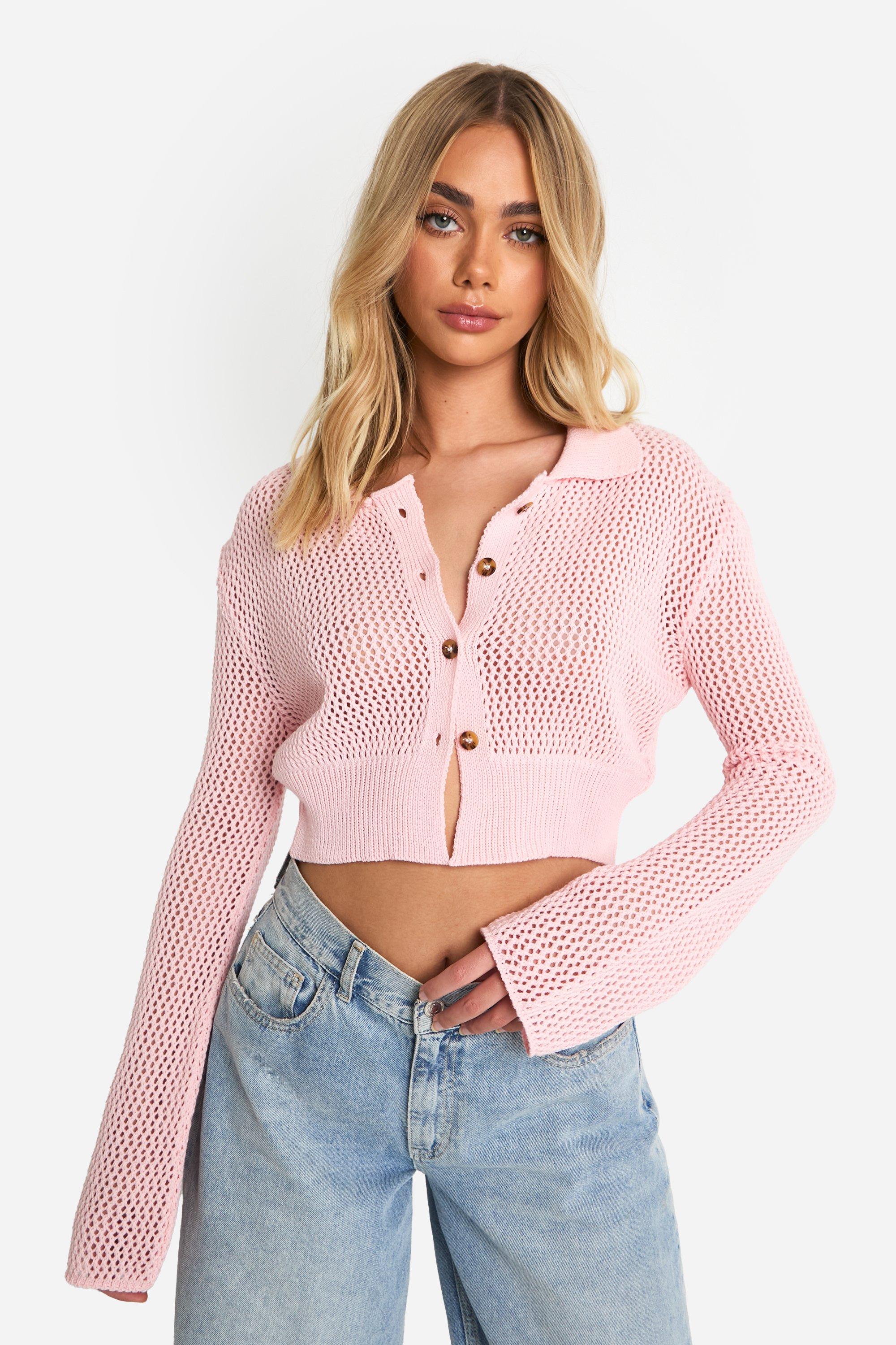 Boohoo Lightweight Knit Collared Cropped Cardigan, Light Pink