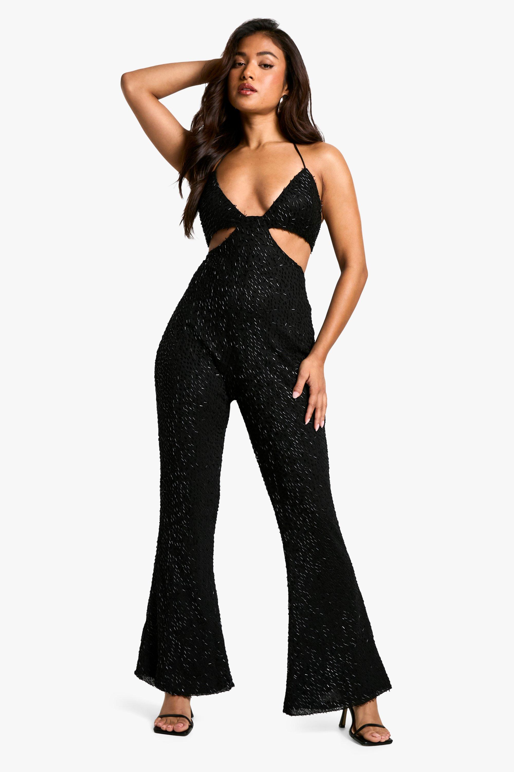 Boohoo Petite Jumpsuit Met Kwastjes, Pailletten En Uitsnijding, Black