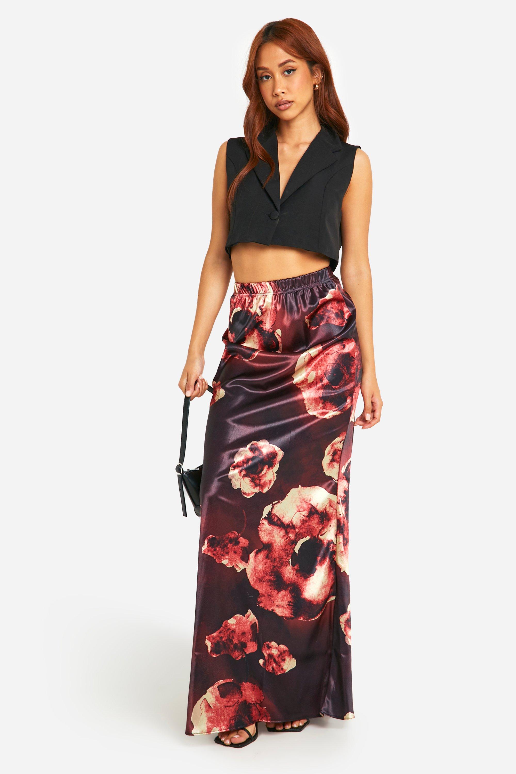 Boohoo Satijnen Bias Maxi Rok Met Wazige Bloemenprint, Dark Mauve