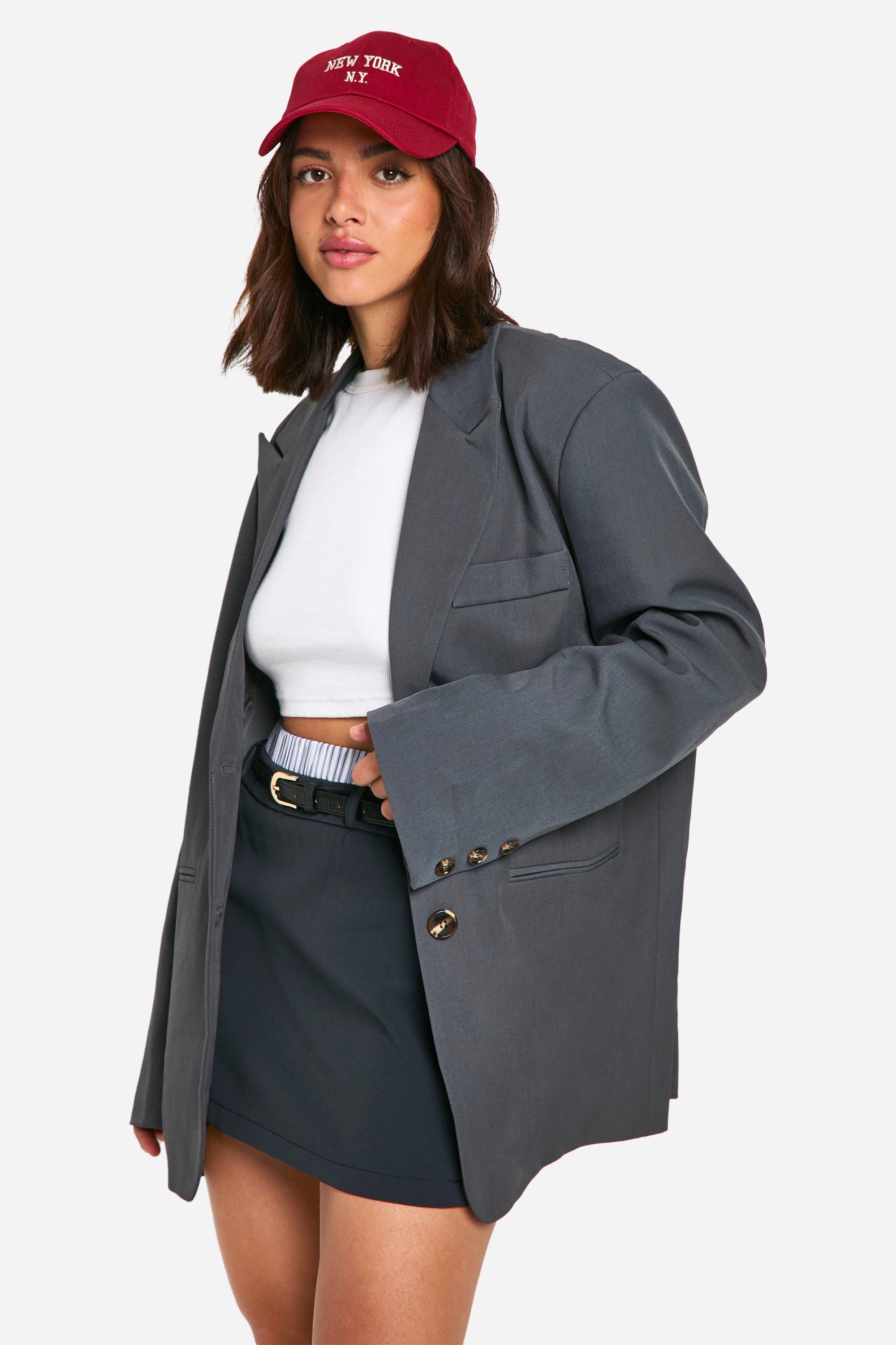 Boohoo Single Breasted Relaxed Fit Longline Blazer, Charcoal