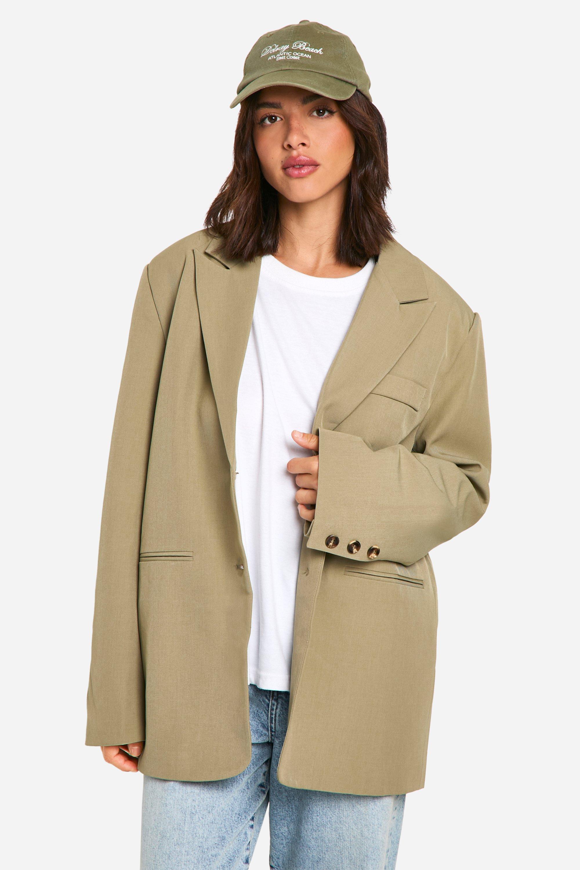 Boohoo Single Breasted Relaxed Fit Longline Blazer, Light Khaki