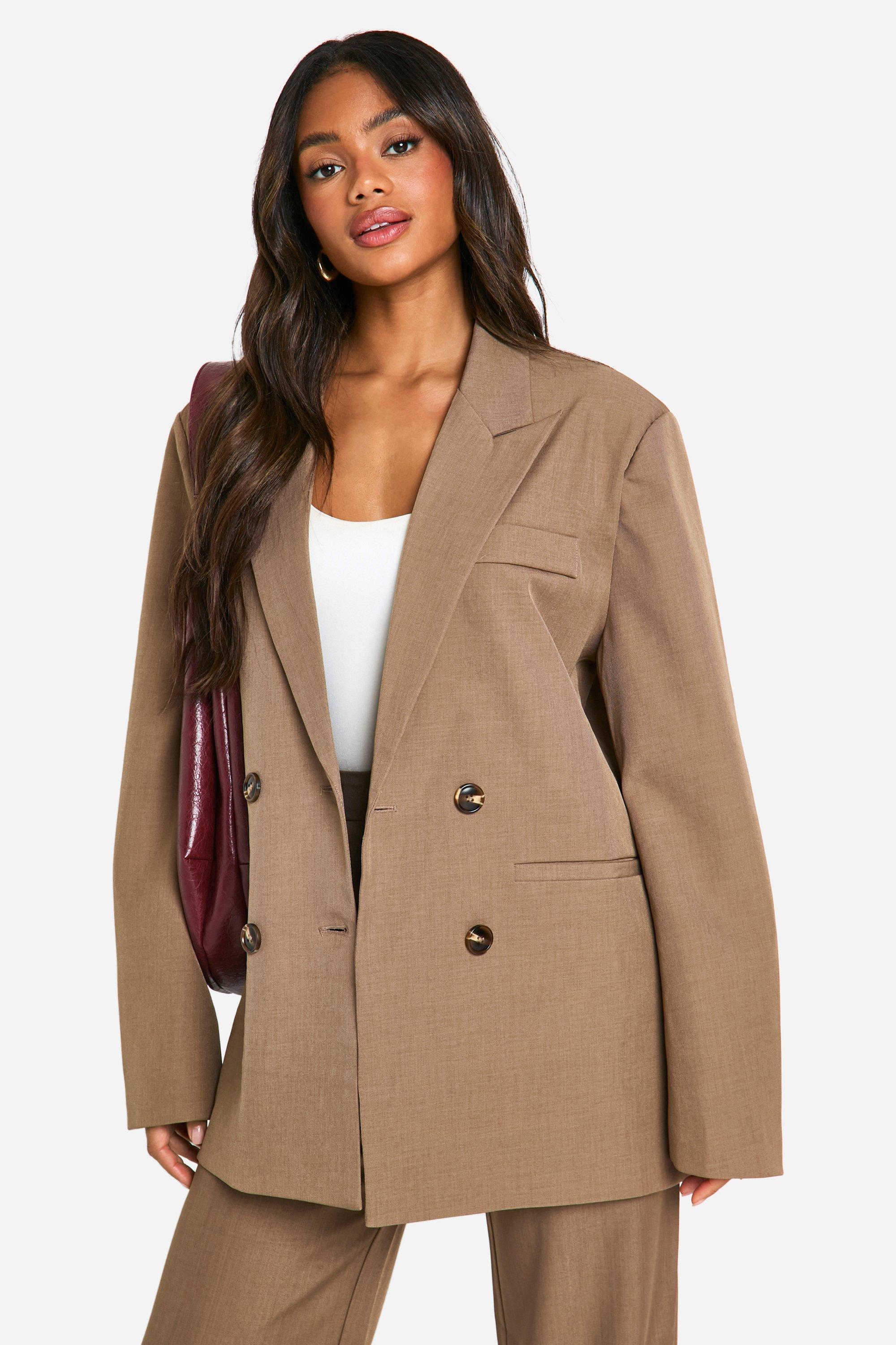 Boohoo Double Breasted Relaxed Fit Longline Blazer, Mocha