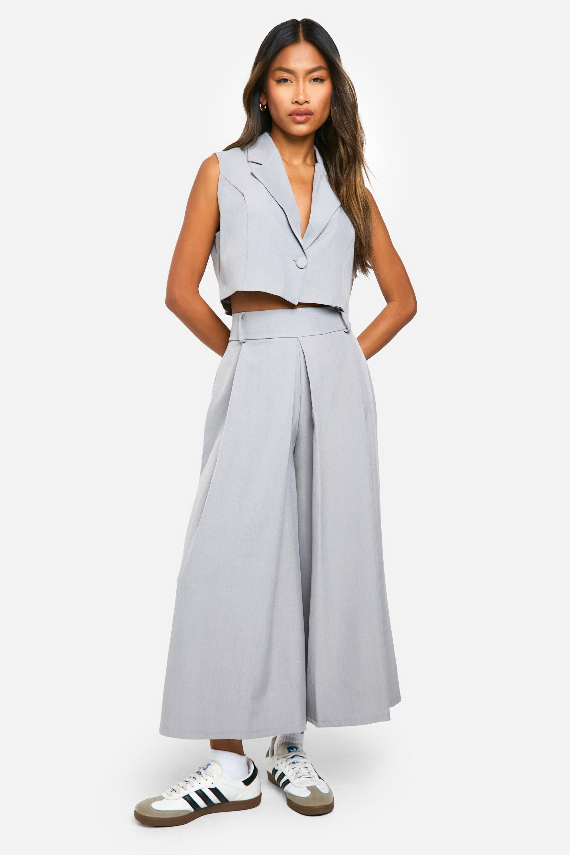 Boohoo Getailleerde Geplooide Mergel Wide Leg Culottes, Grey Marl