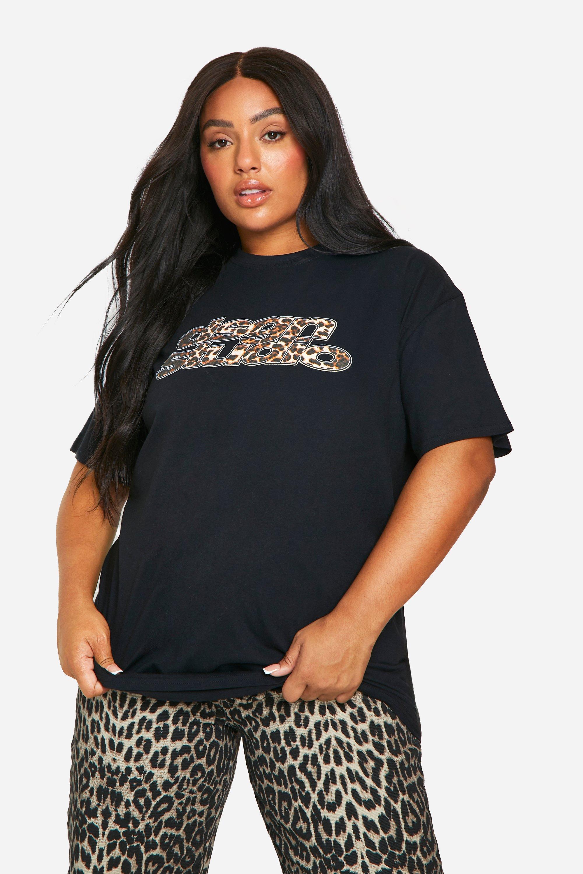 Womens Plus Leopard Print Dsgn Studio Oversized T-Shirt - Black - 26, Black