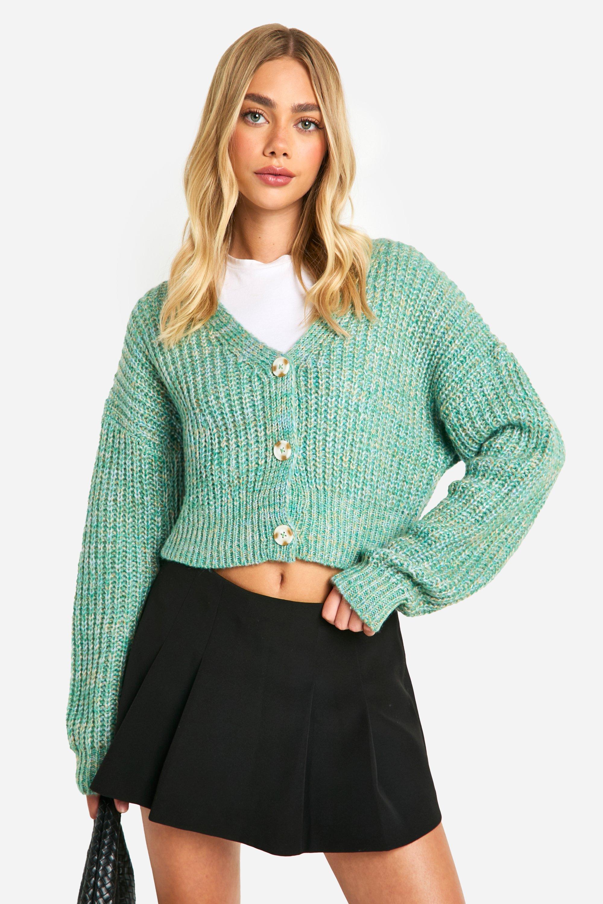 Boohoo Gebreide Mergel Cardigan Met Knopen, Green